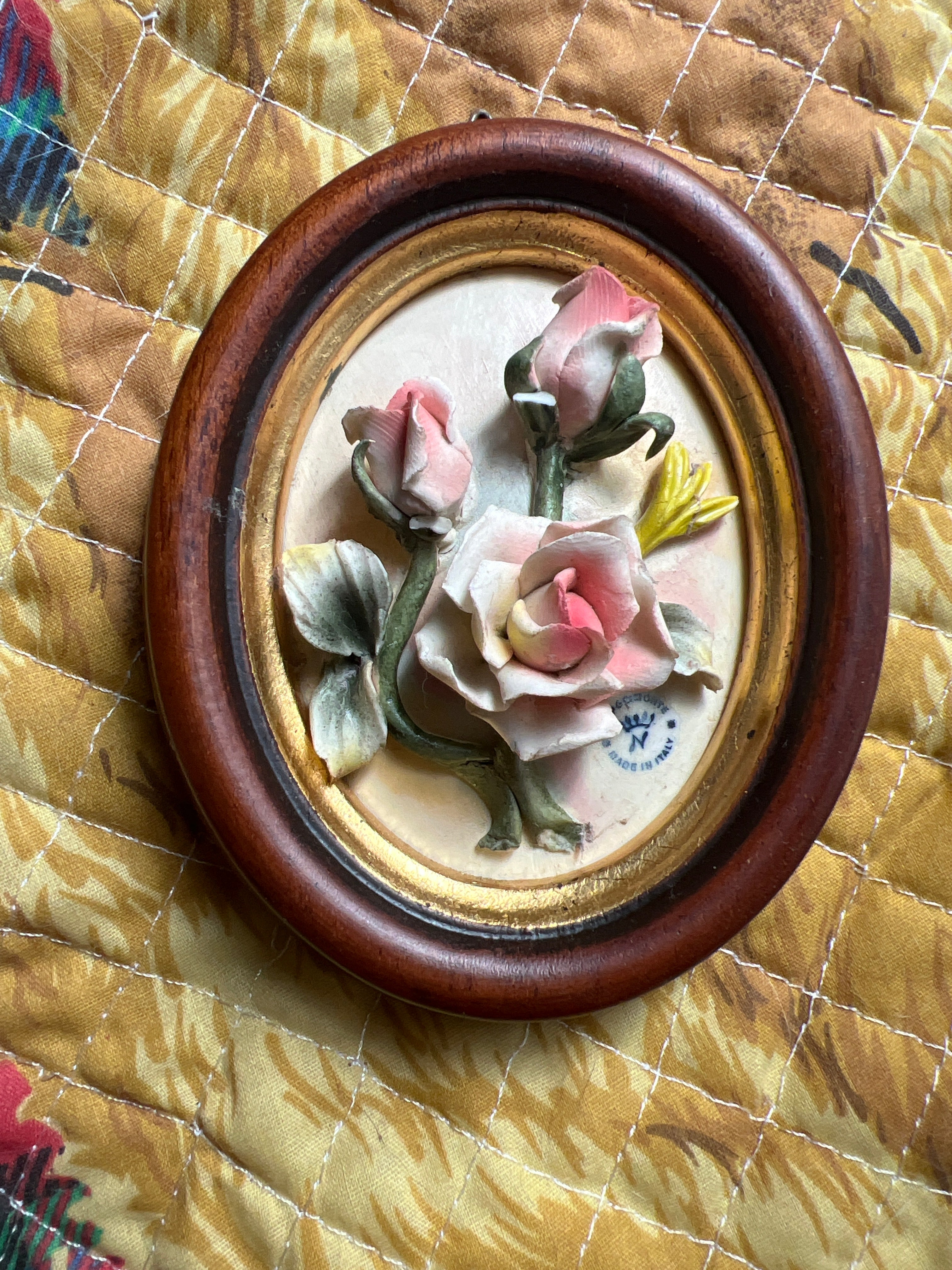 Vintage Capodimonte Porcelain Floral Wall Plaque in Oval Wooden Frame – Made in Italy