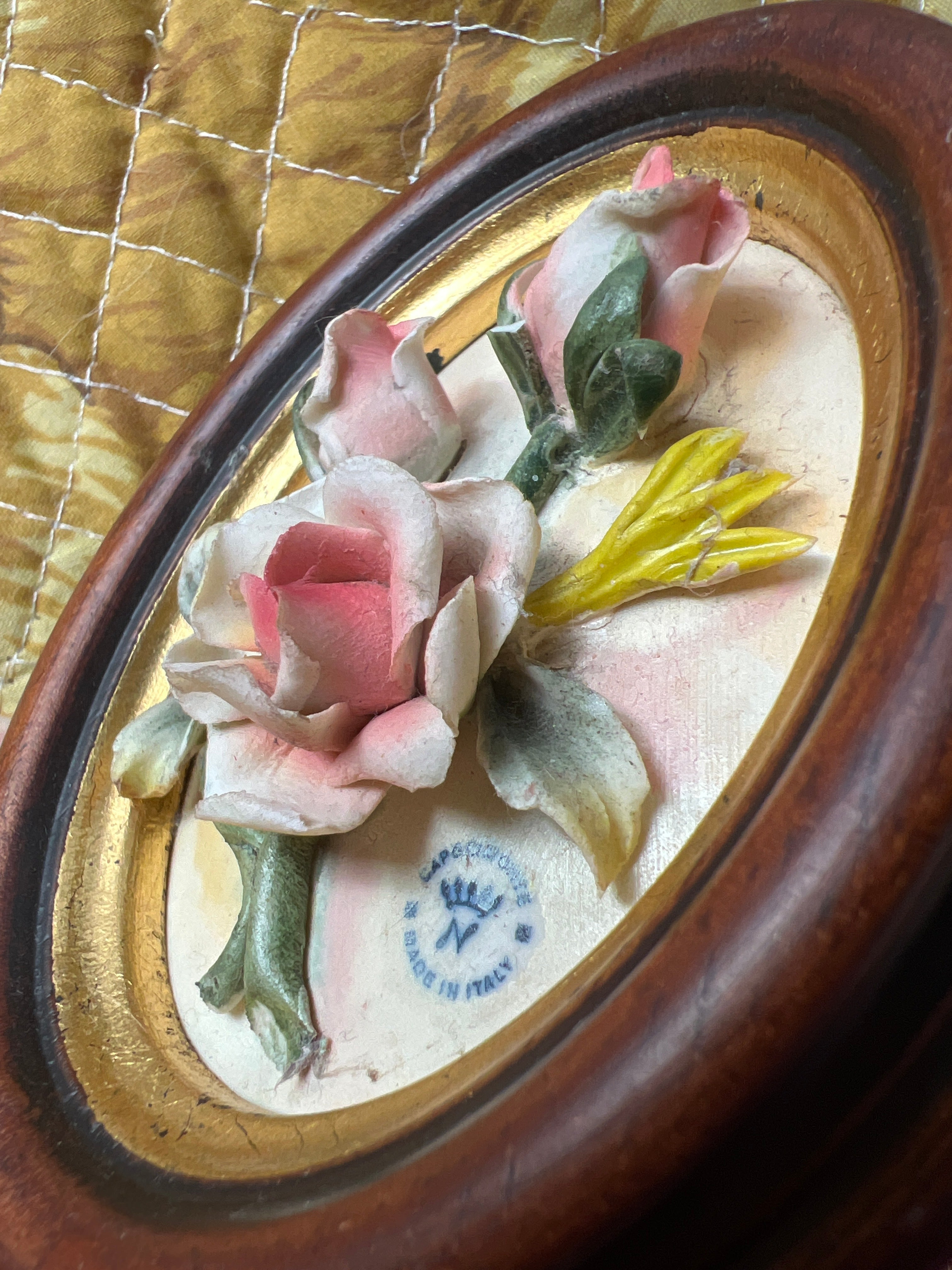 Vintage Capodimonte Porcelain Floral Wall Plaque in Oval Wooden Frame – Made in Italy