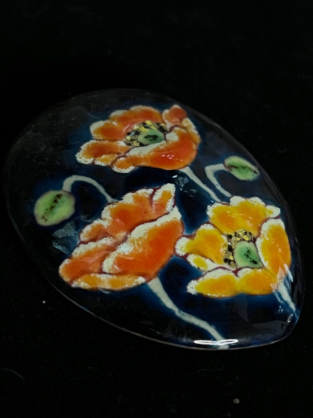 Vintage Japanese Cloisonné Brooch — Poppies on Midnight sky