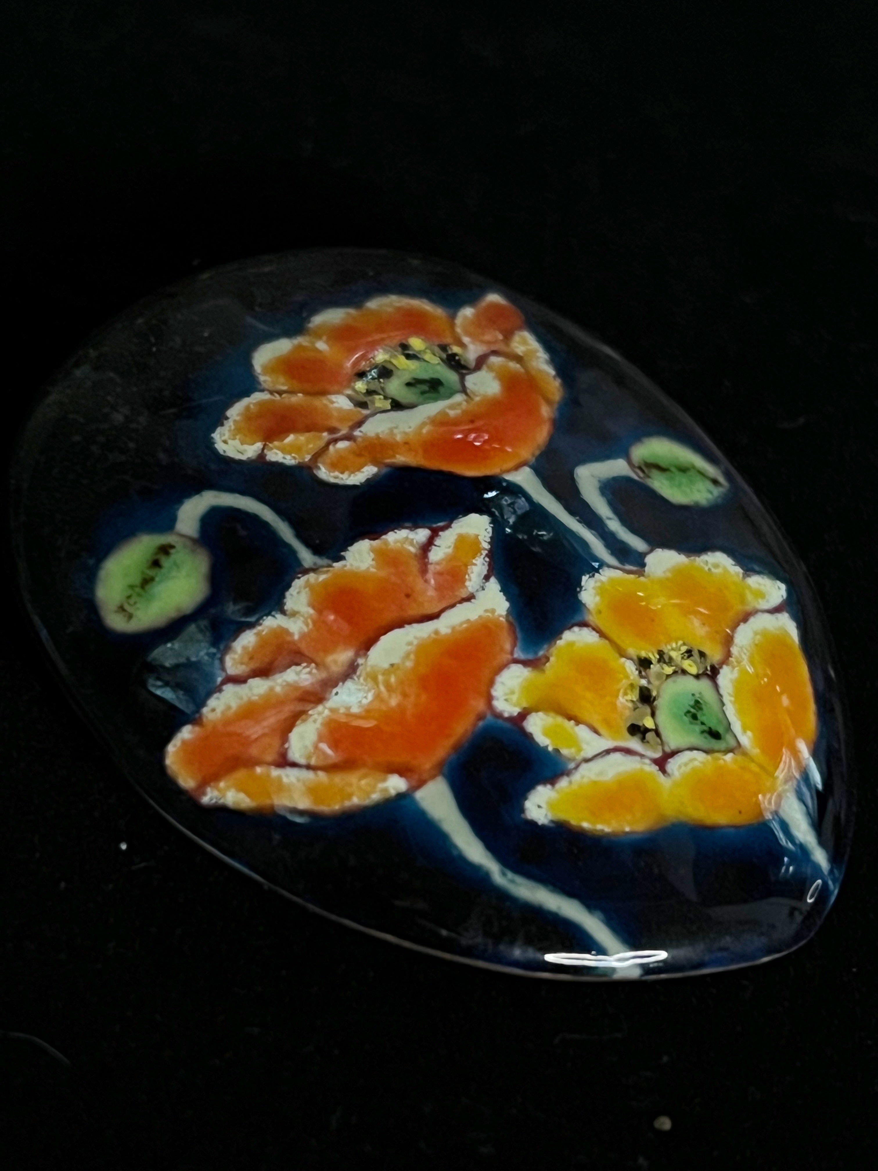 Vintage Japanese Cloisonné Brooch — Poppies on Midnight sky