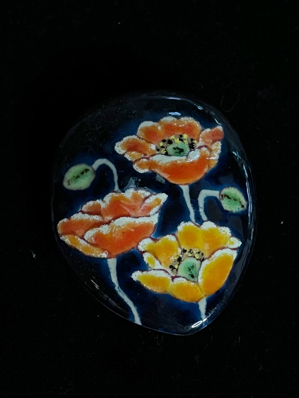 Vintage Japanese Cloisonné Brooch — Poppies on Midnight sky