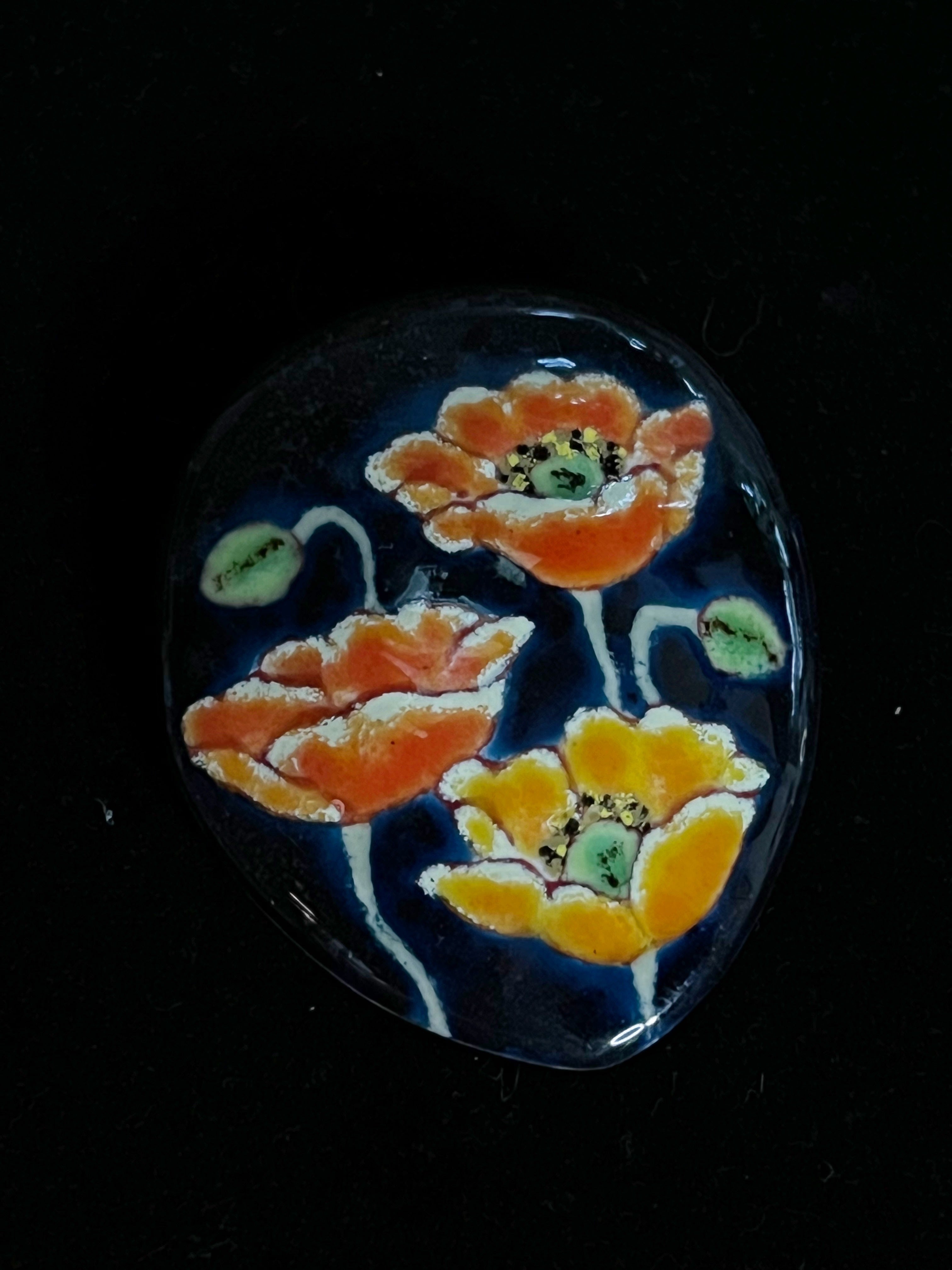 Vintage Japanese Cloisonné Brooch — Poppies on Midnight sky