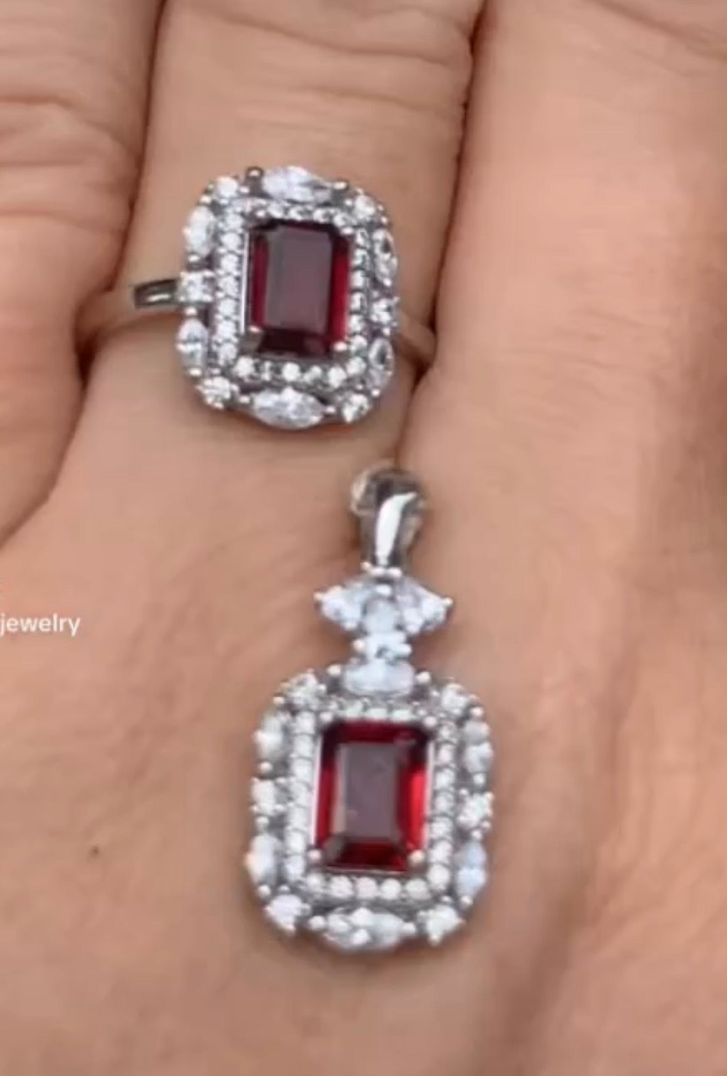 Garnet & CZ Sterling Silver Jewelry Set