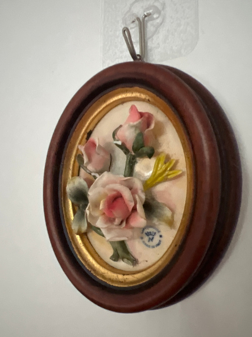 Vintage Capodimonte Porcelain Floral Wall Plaque in Oval Wooden Frame – Made in Italy