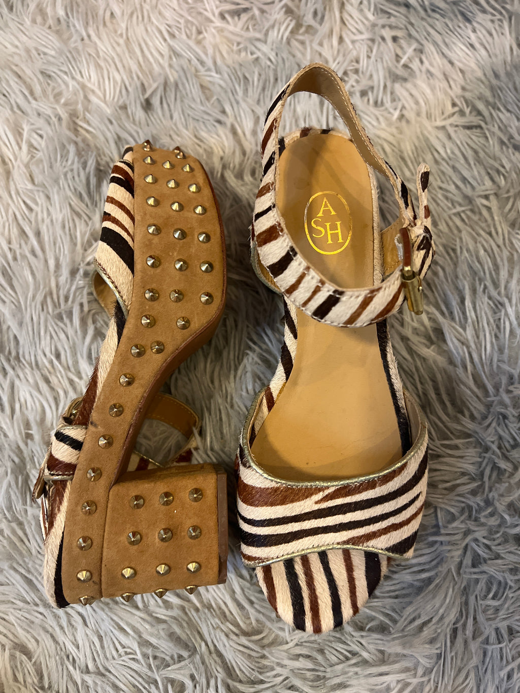 ASH — platform sandals with studs, pony hair