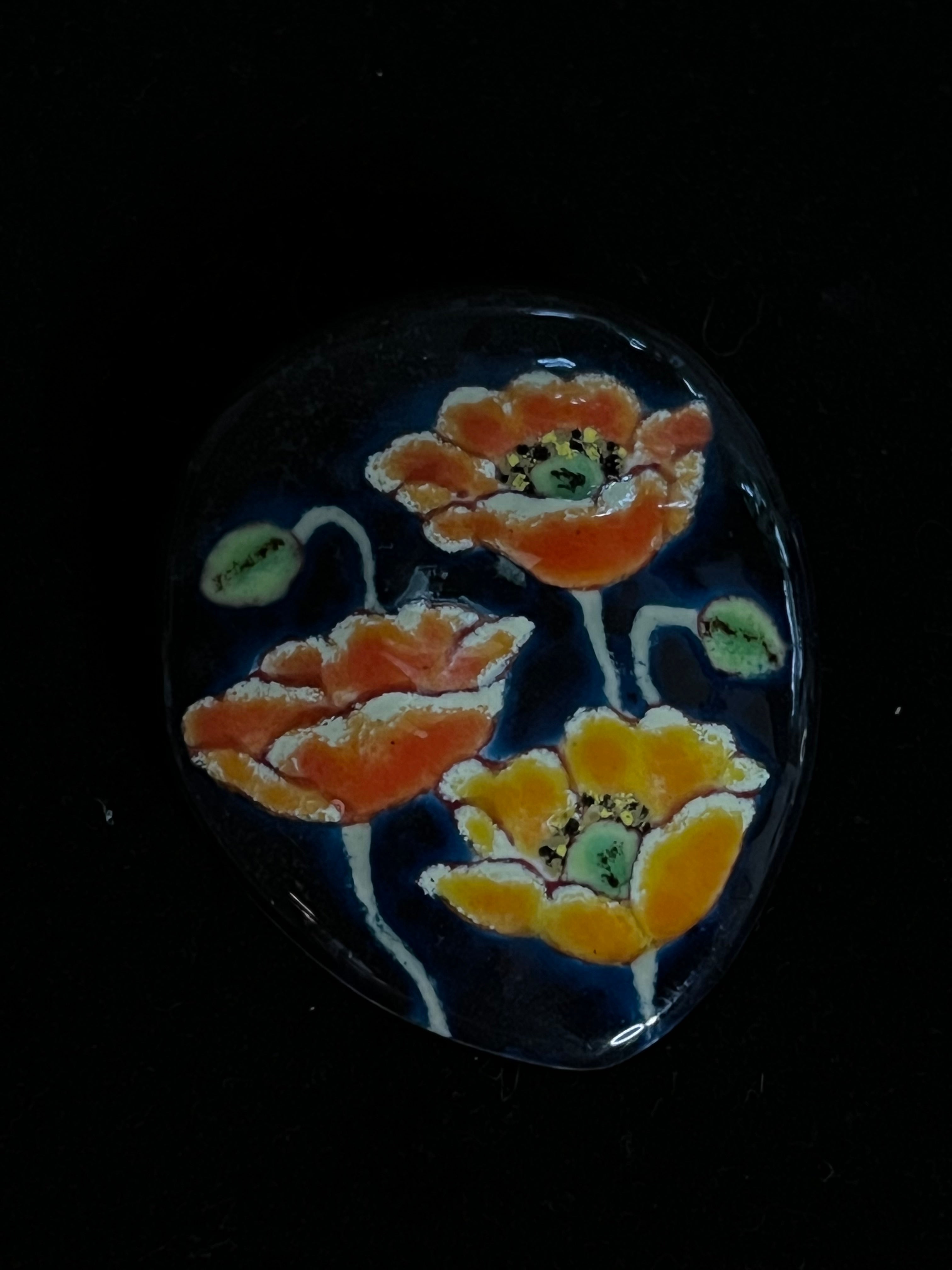 Vintage Japanese Cloisonné Brooch — Poppies on Midnight sky
