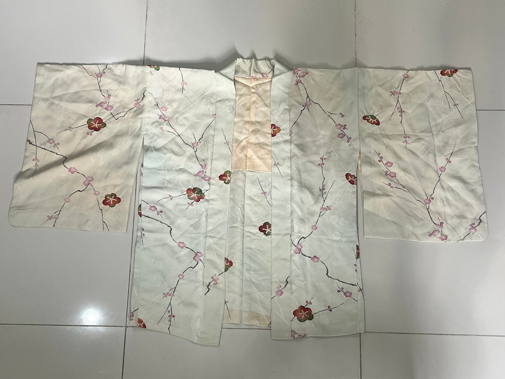 Vintage Japanese Haori Jacket Ivory Silk Cherry Blossom Floral Pattern Embroidered Kimono