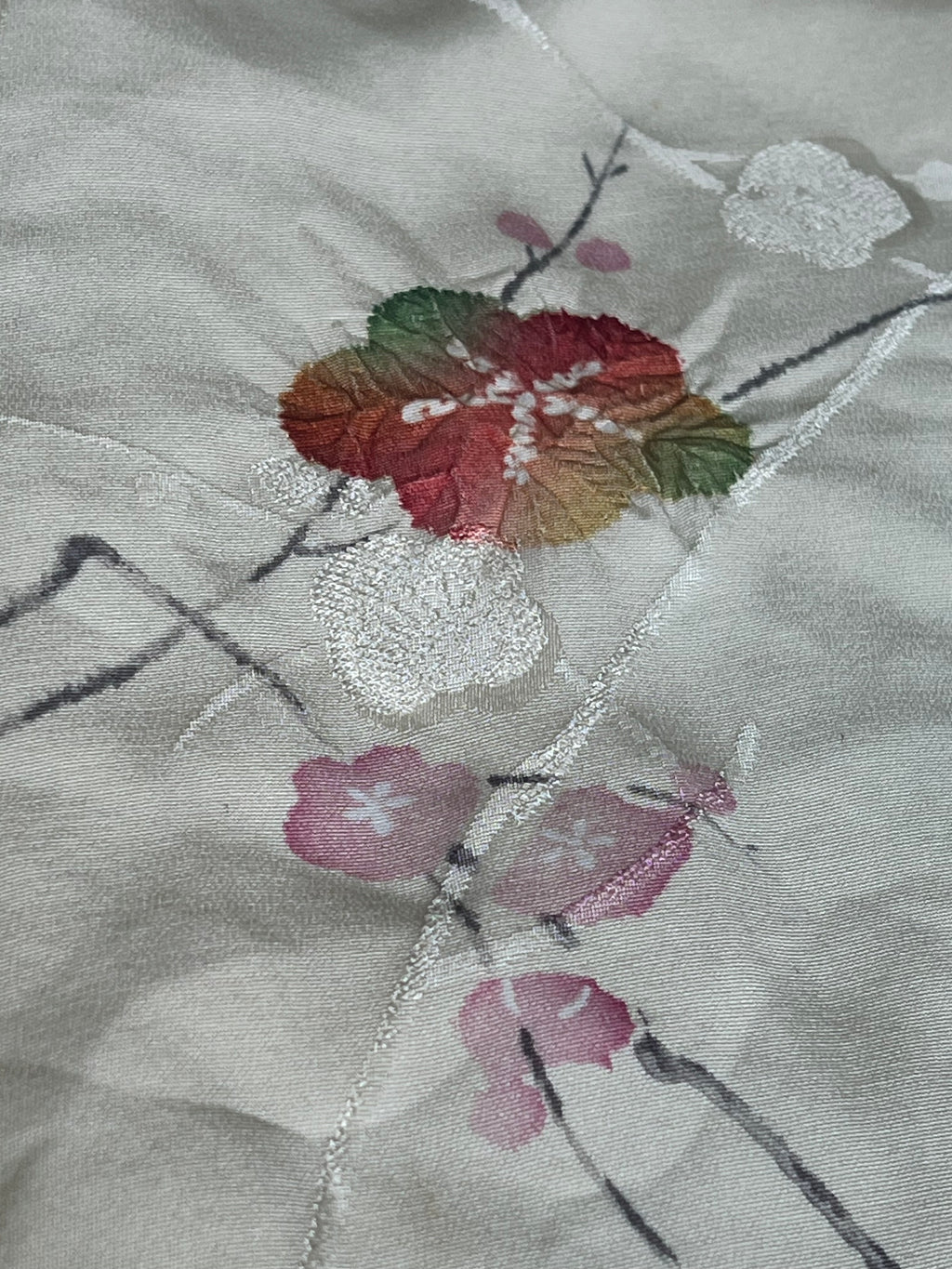 Vintage Japanese Haori Jacket Ivory Silk Cherry Blossom Floral Pattern Embroidered Kimono