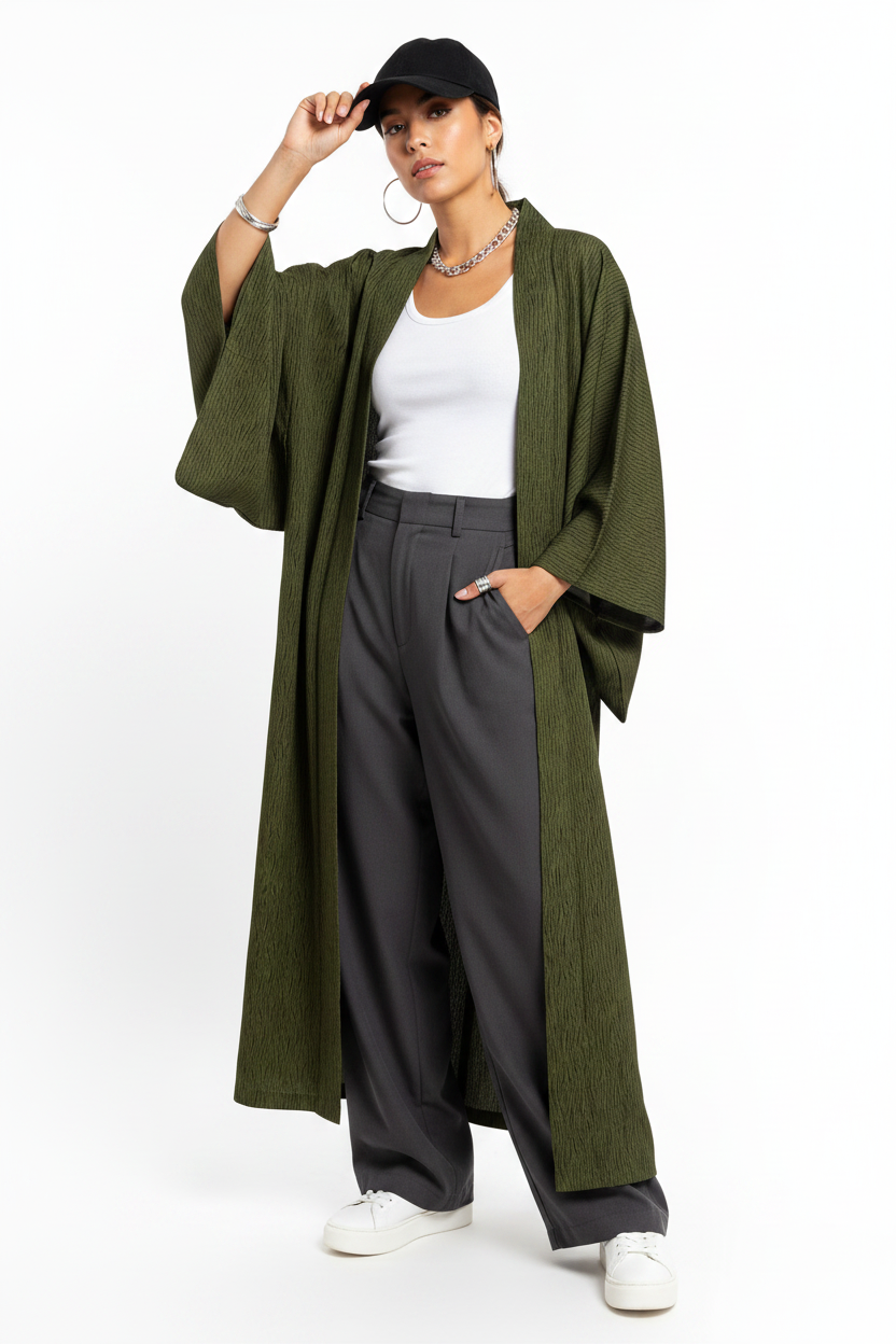 Vintage Japanese Kimono Nagagi — Olive Khaki Chirimen Texture