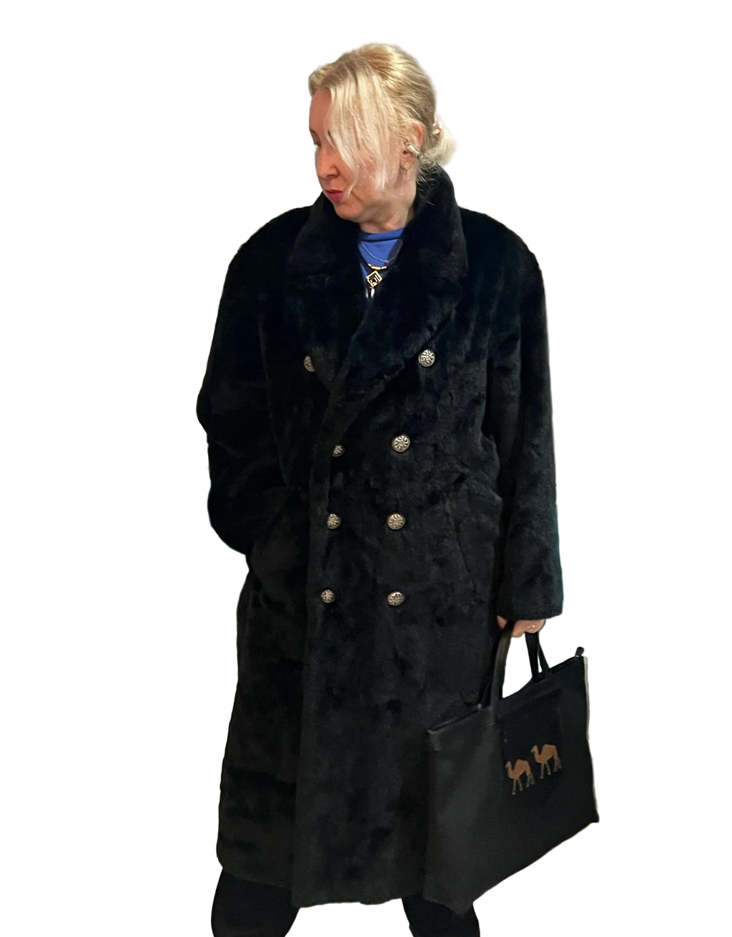 Vintage Men’s| oversized women Faux Fur Overcoat Black Double-Breasted Long Coat 1980s–1990s