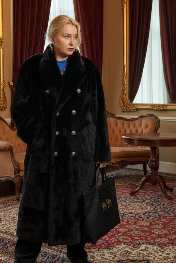 Vintage Men’s| oversized women Faux Fur Overcoat Black Double-Breasted Long Coat 1980s–1990s