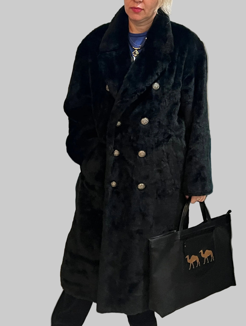 Vintage Men’s| oversized women Faux Fur Overcoat Black Double-Breasted Long Coat 1980s–1990s