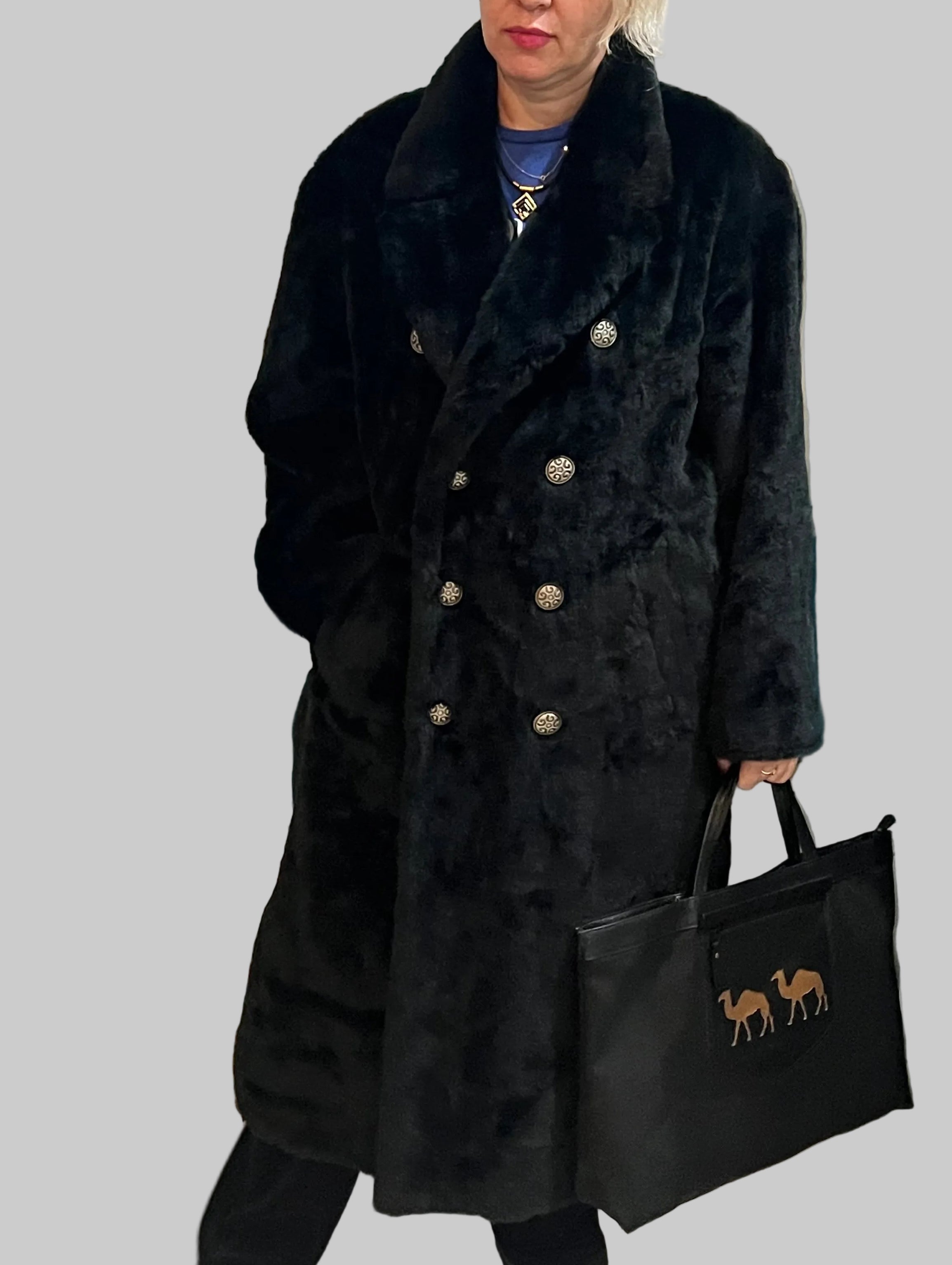 Vintage Men’s| oversized women Faux Fur Overcoat Black Double-Breasted Long Coat 1980s–1990s