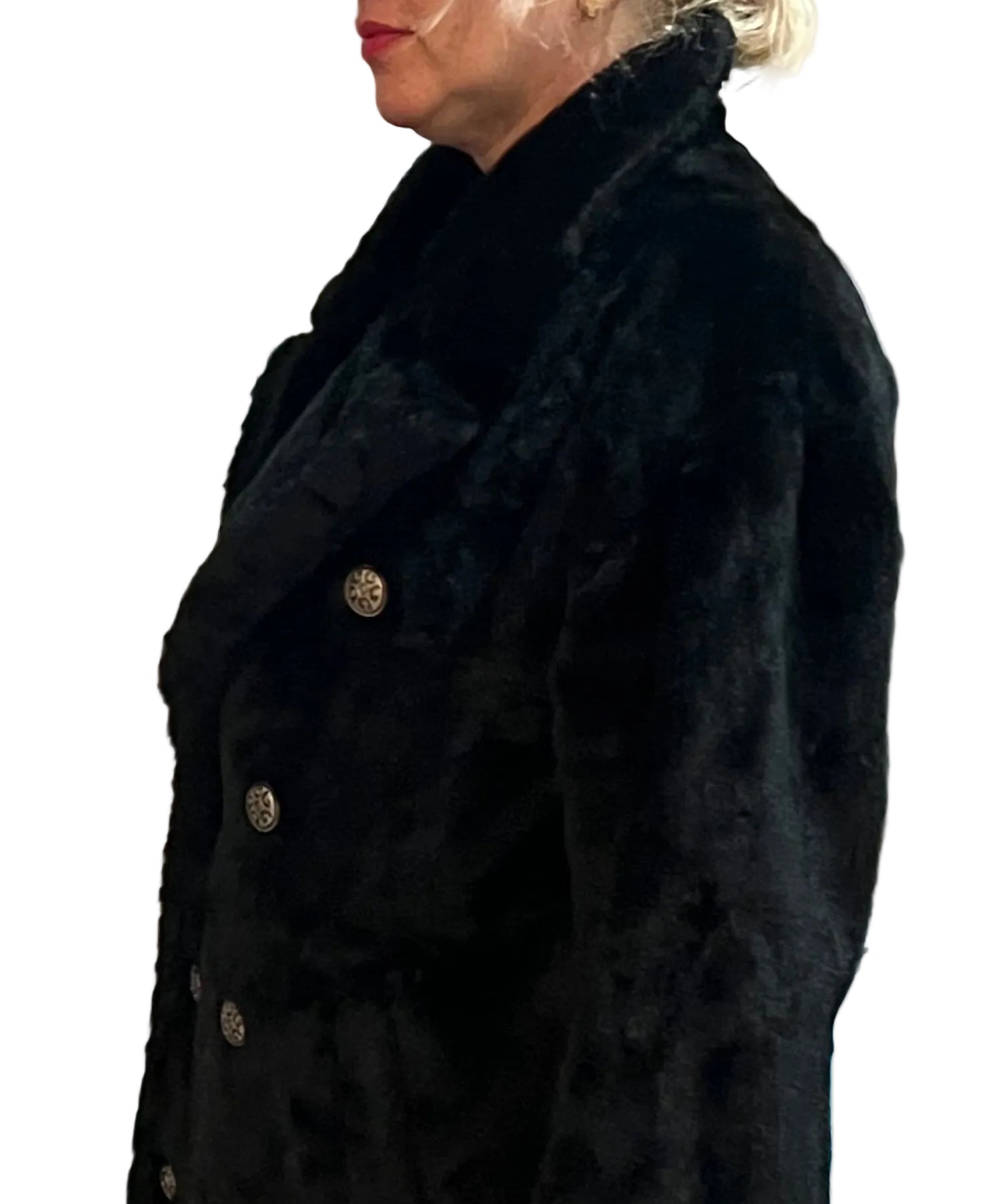 Vintage Men’s| oversized women Faux Fur Overcoat Black Double-Breasted Long Coat 1980s–1990s