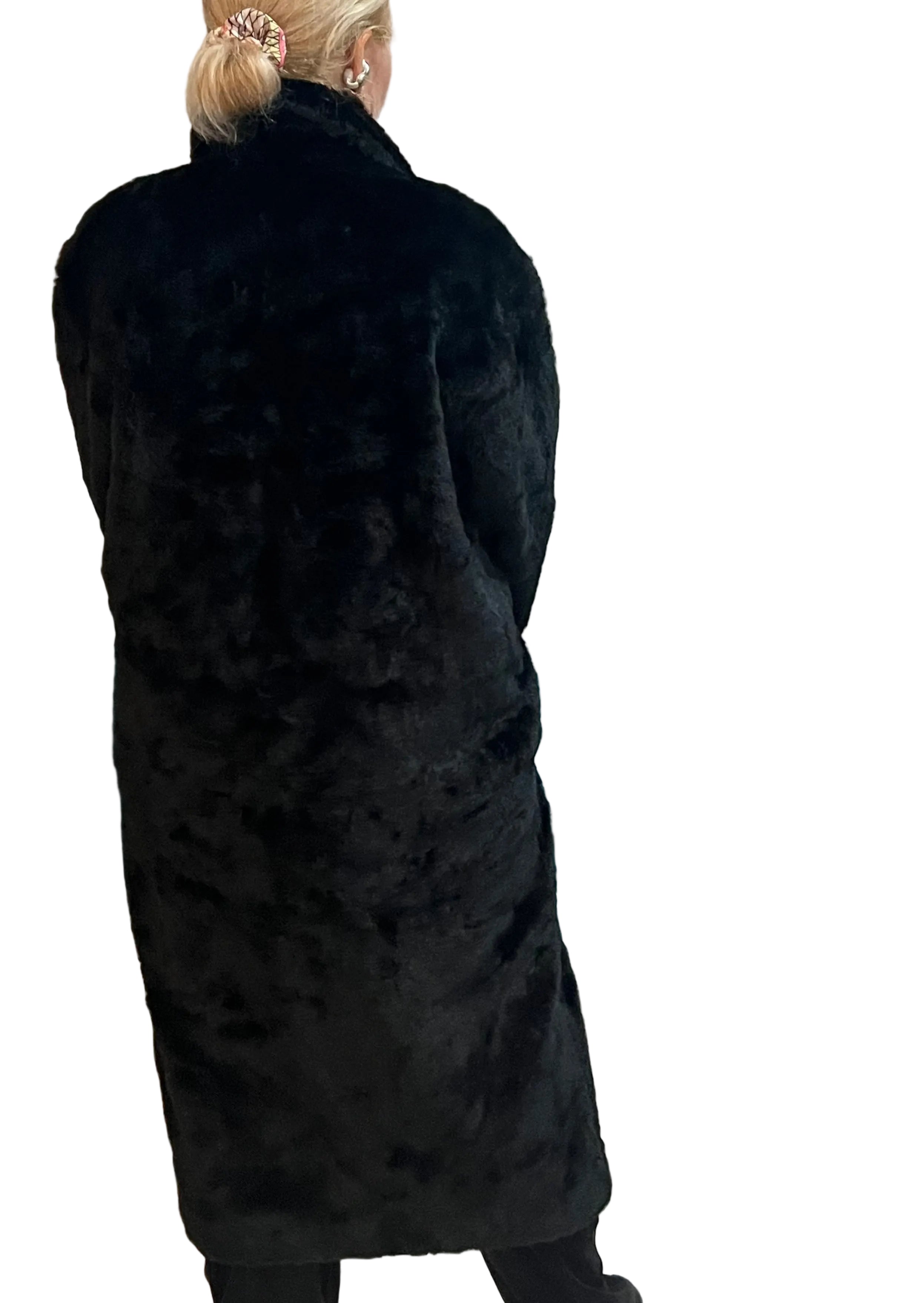 Vintage Men’s| oversized women Faux Fur Overcoat Black Double-Breasted Long Coat 1980s–1990s