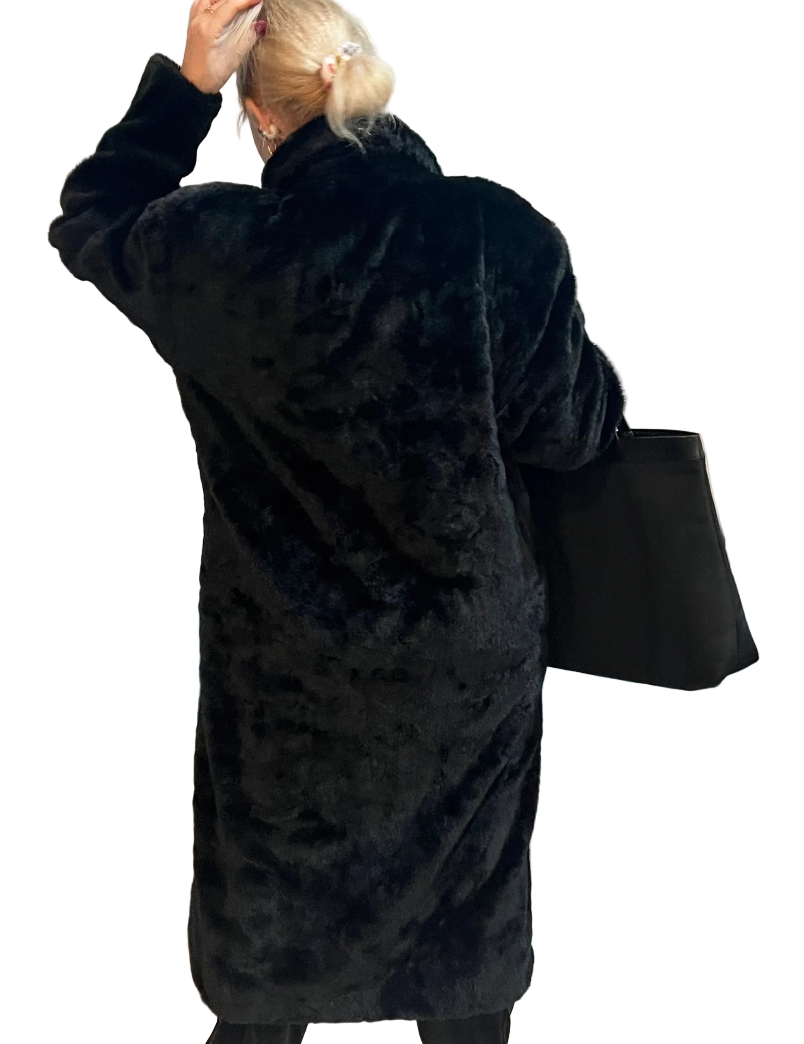 Vintage Men’s| oversized women Faux Fur Overcoat Black Double-Breasted Long Coat 1980s–1990s