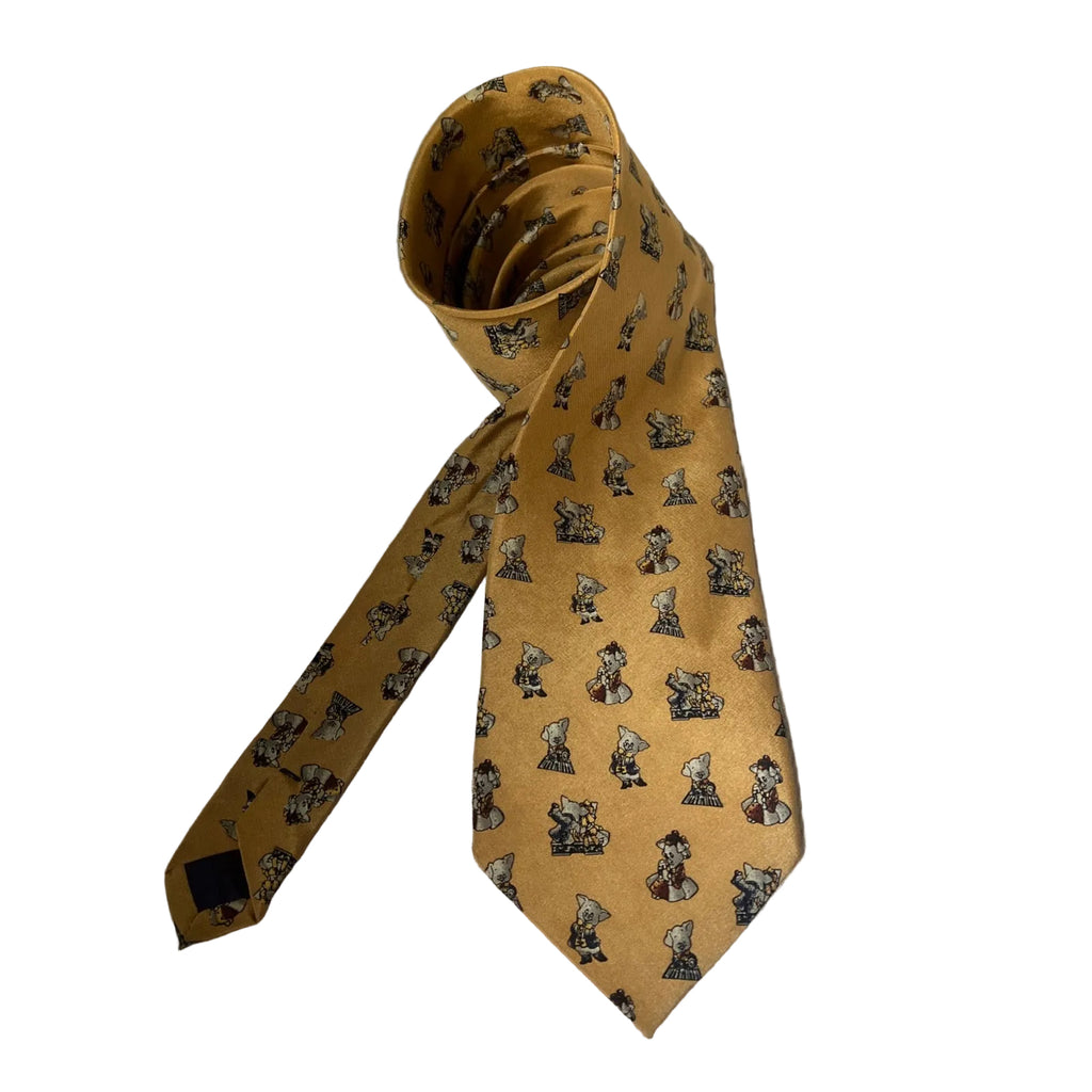 Vintage Japanese Silk Novelty Tie — Pigs in Ball Dresses — Special Hi Sense — Gold / Mustard