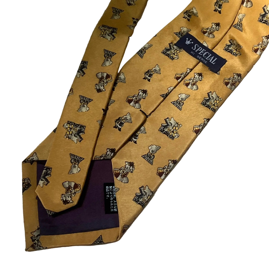 Vintage Japanese Silk Novelty Tie — Pigs in Ball Dresses — Special Hi Sense — Gold / Mustard
