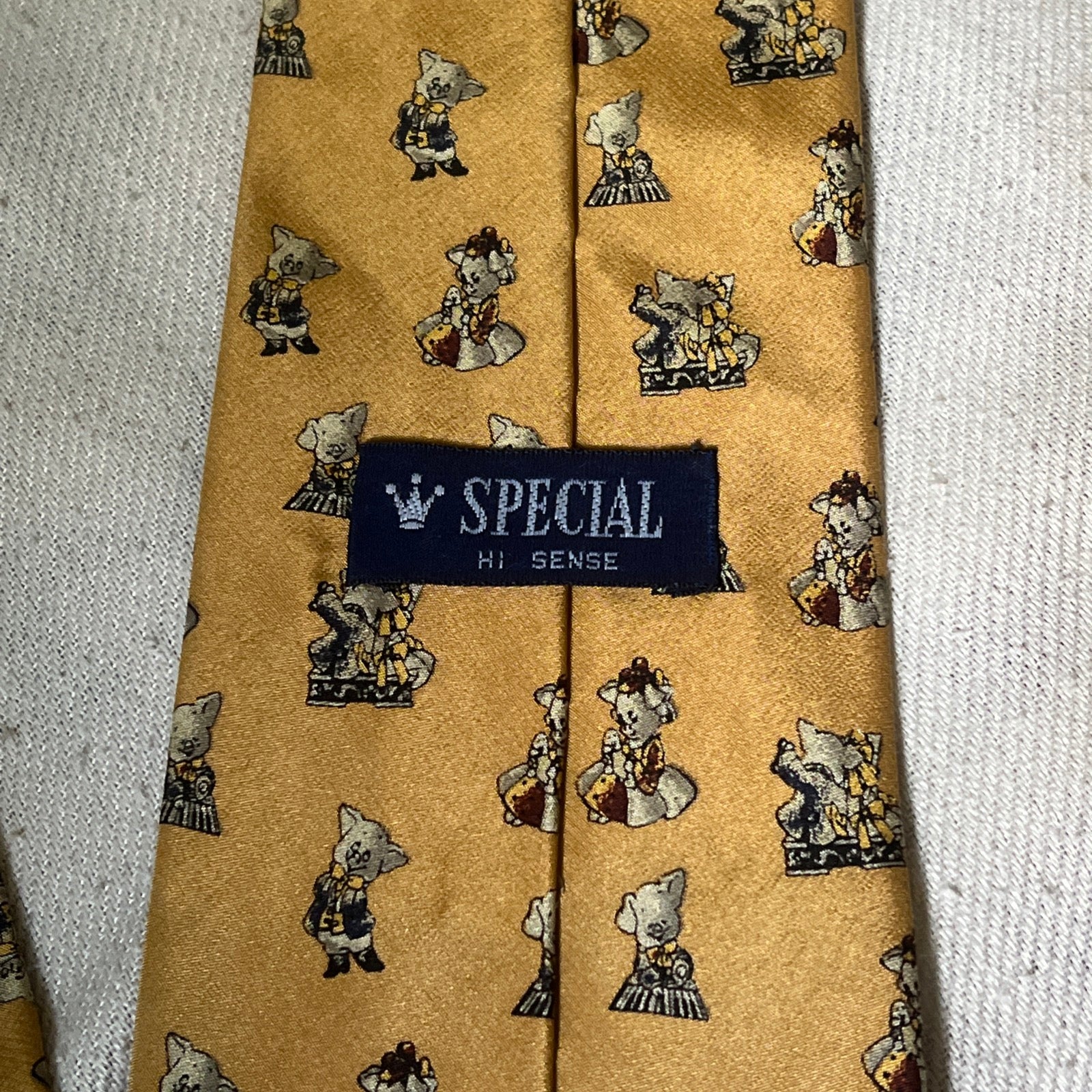 Vintage Japanese Silk Novelty Tie — Pigs in Ball Dresses — Special Hi Sense — Gold / Mustard
