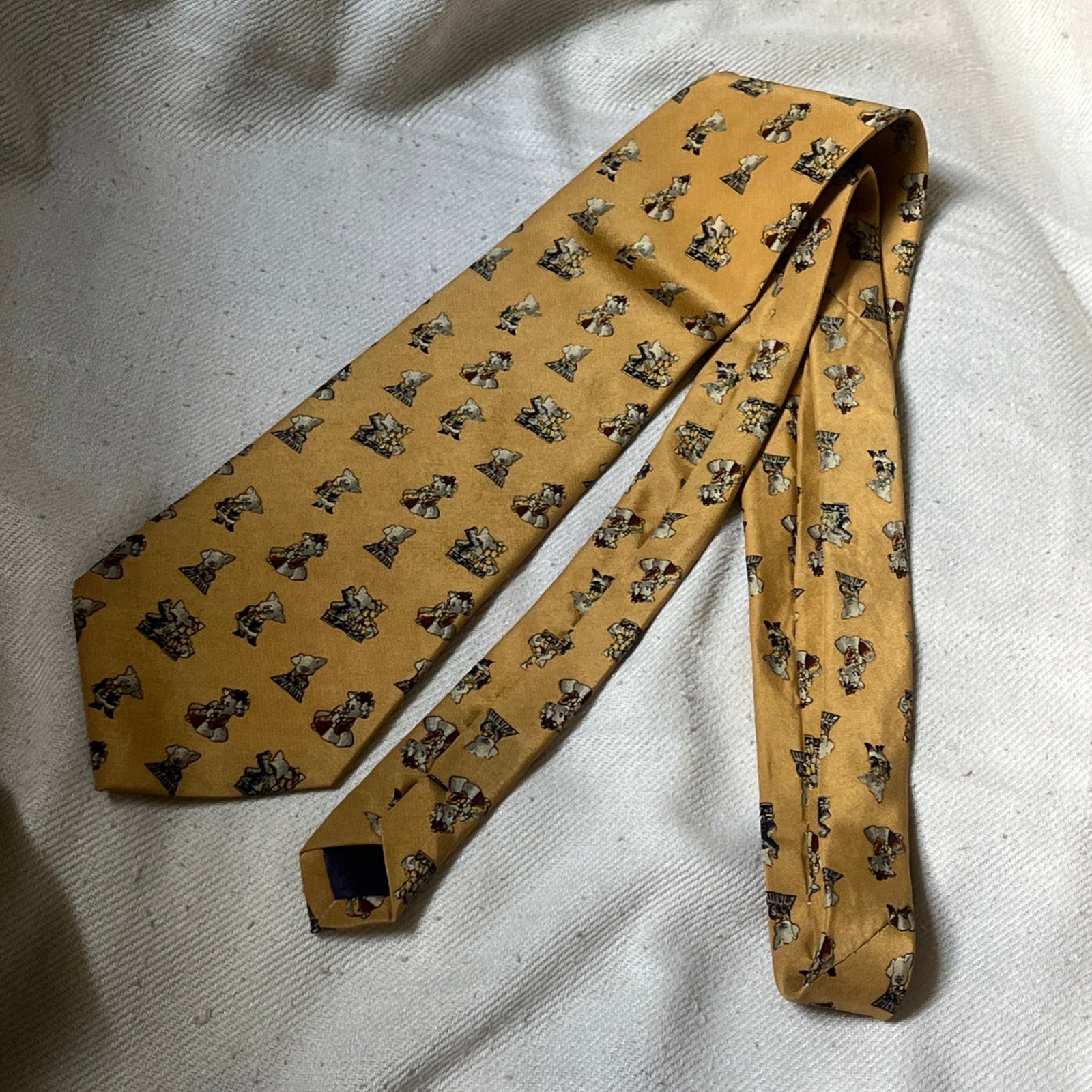 Vintage Japanese Silk Novelty Tie — Pigs in Ball Dresses — Special Hi Sense — Gold / Mustard