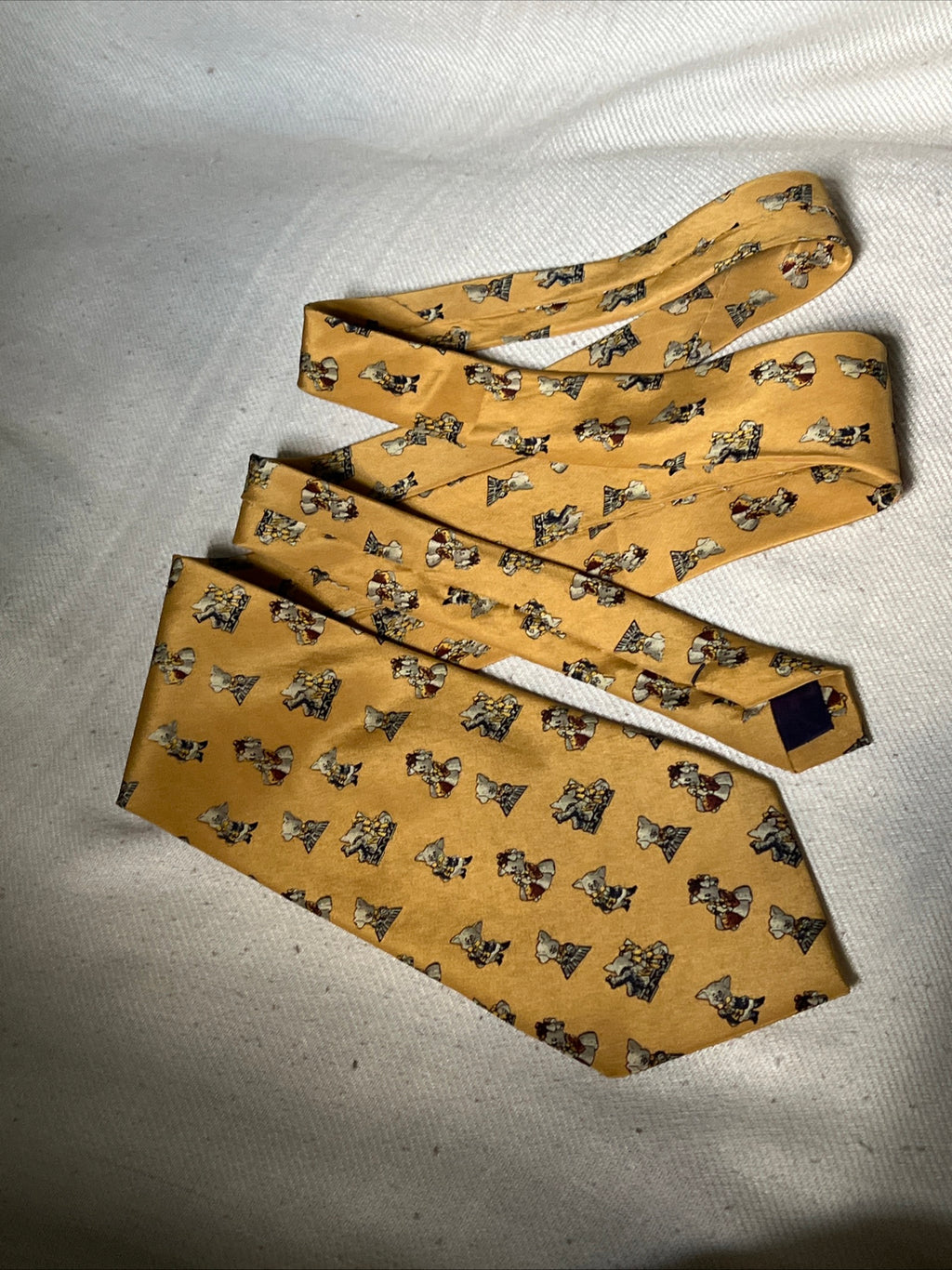 Vintage Japanese Silk Novelty Tie — Pigs in Ball Dresses — Special Hi Sense — Gold / Mustard