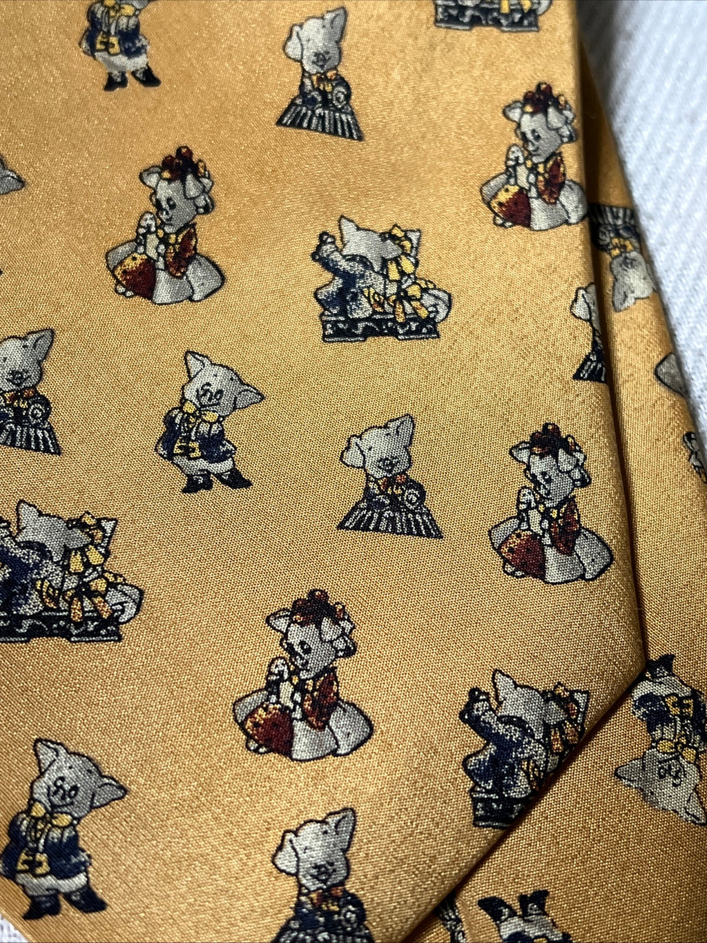 Vintage Japanese Silk Novelty Tie — Pigs in Ball Dresses — Special Hi Sense — Gold / Mustard