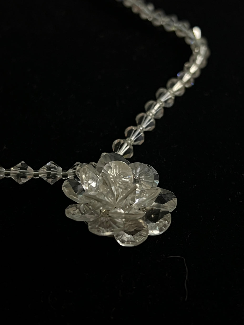 Vintage Japanese Rock Crystal Quartz Necklace — Carved Flower Pendant — Faceted Beads — Japan