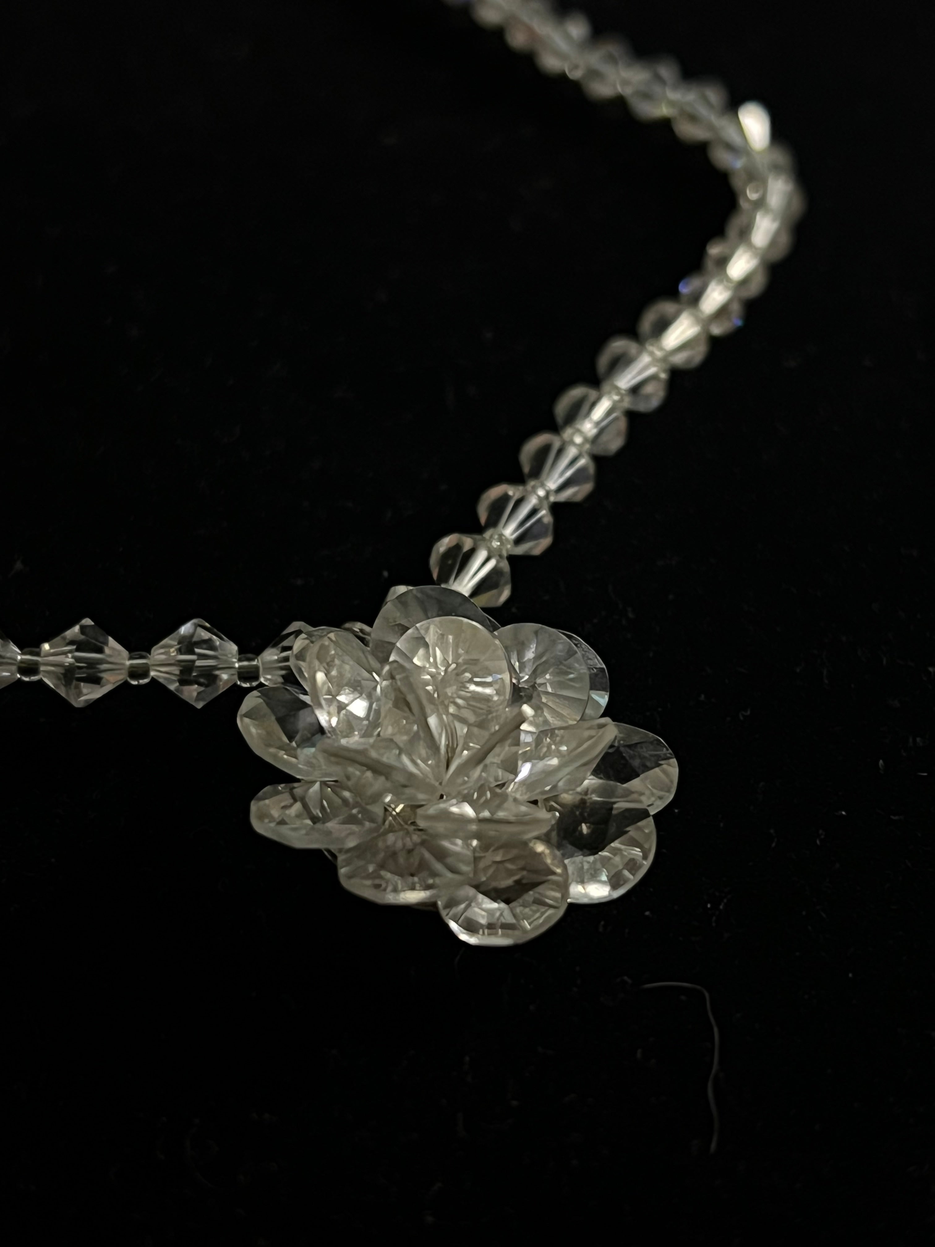 Vintage Japanese Rock Crystal Quartz Necklace — Carved Flower Pendant — Faceted Beads — Japan