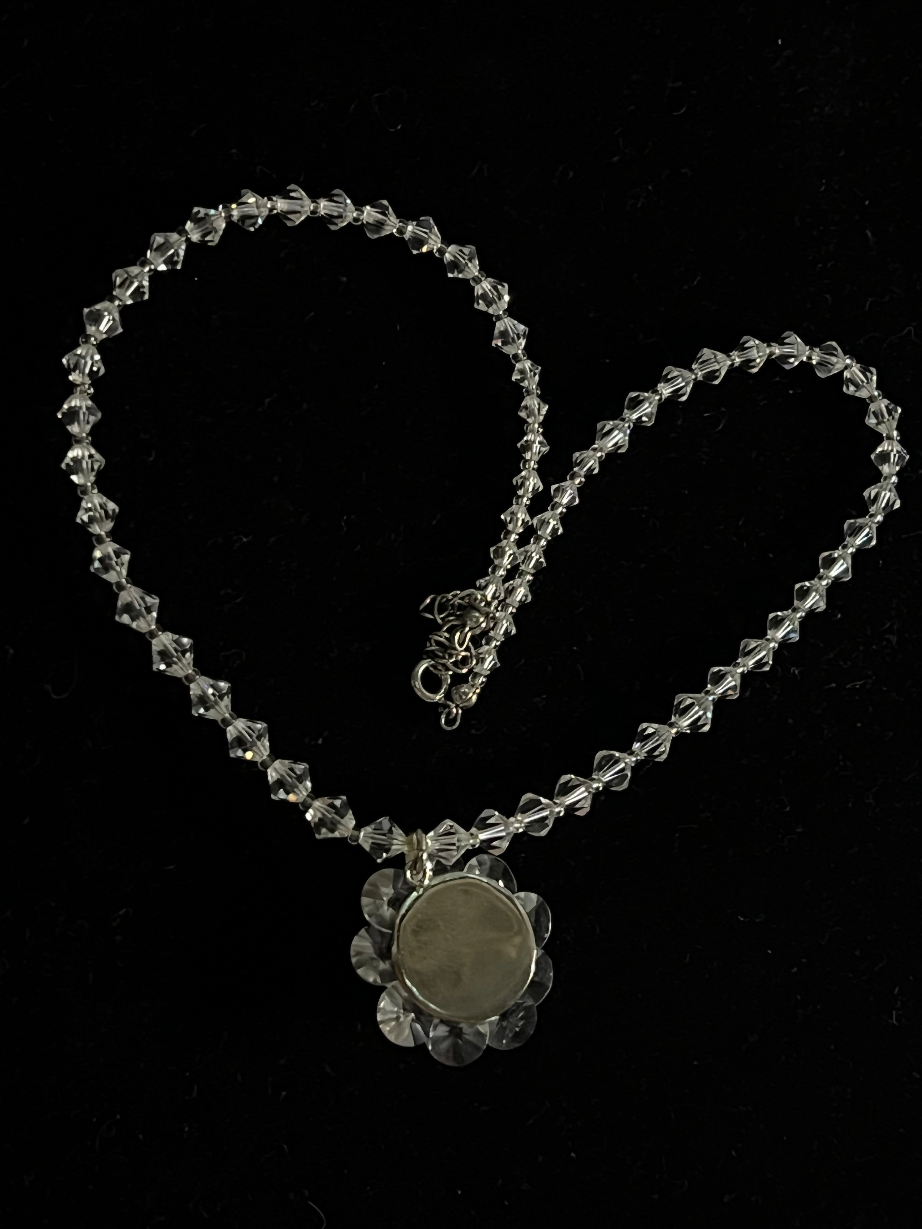 Vintage Japanese Rock Crystal Quartz Necklace — Carved Flower Pendant — Faceted Beads — Japan