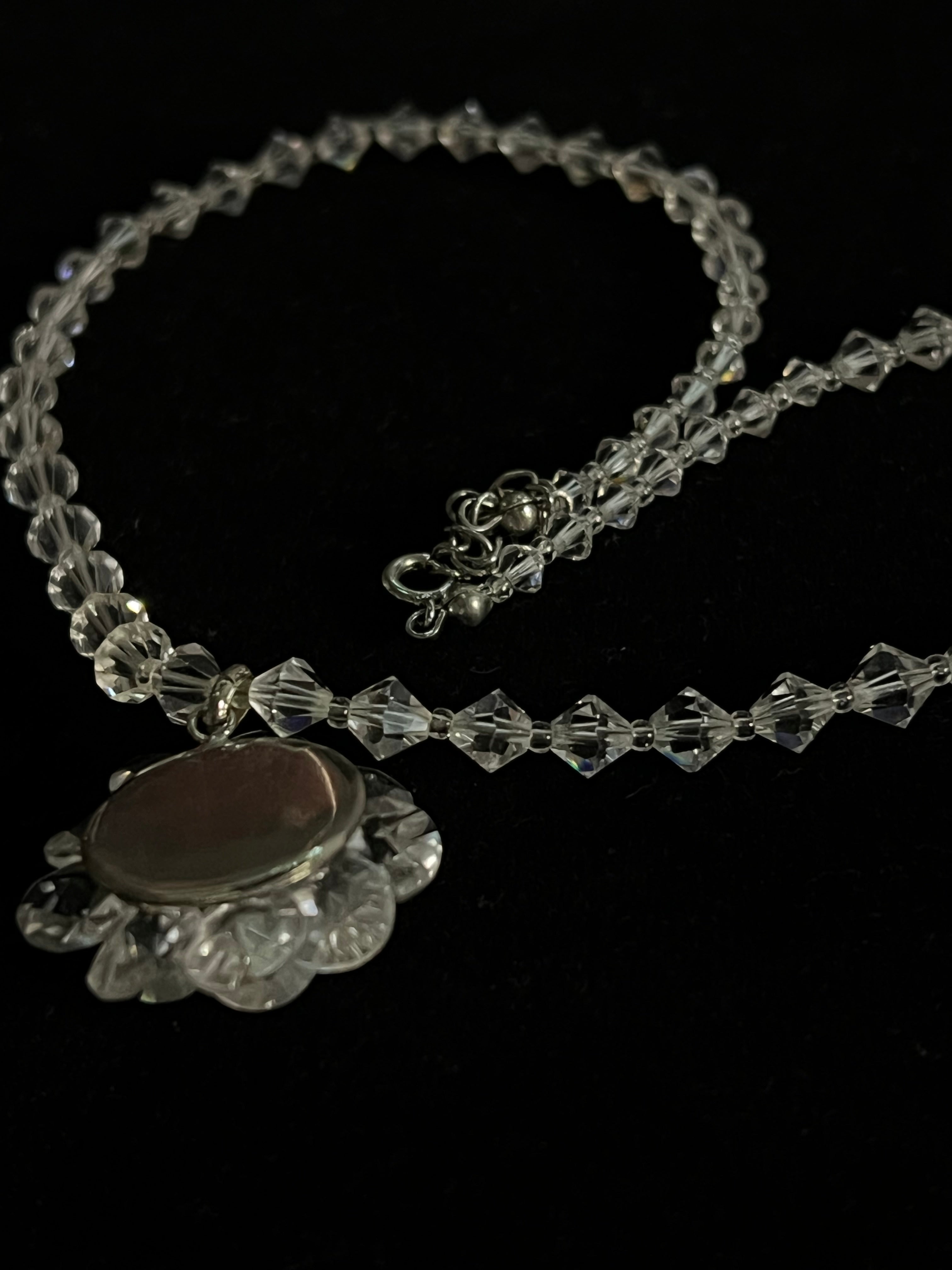 Vintage Japanese Rock Crystal Quartz Necklace — Carved Flower Pendant — Faceted Beads — Japan