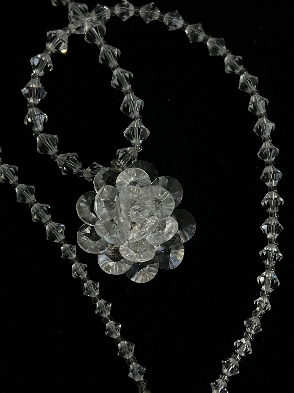 Vintage Japanese Rock Crystal Quartz Necklace — Carved Flower Pendant — Faceted Beads — Japan