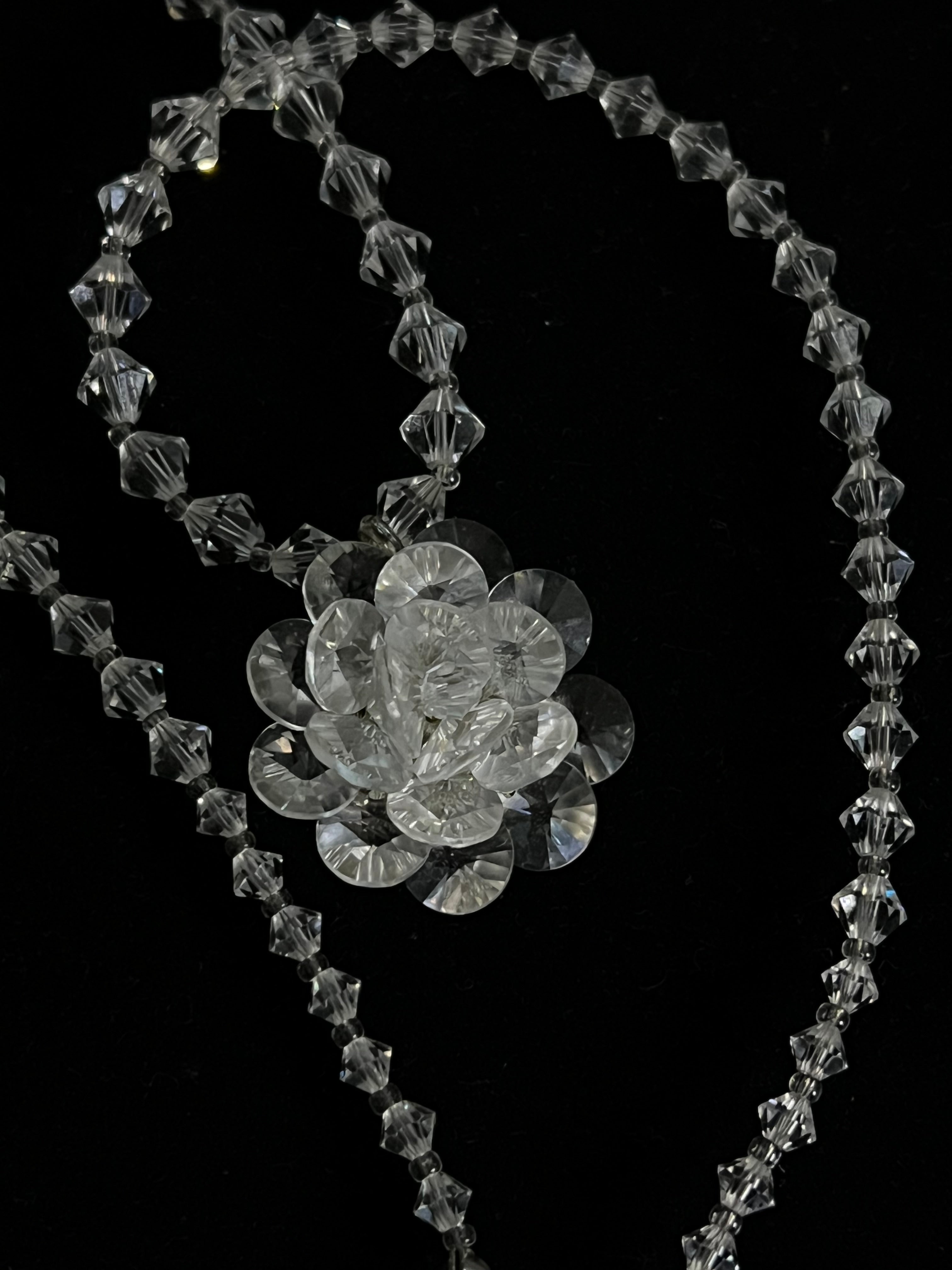 Vintage Japanese Rock Crystal Quartz Necklace — Carved Flower Pendant — Faceted Beads — Japan