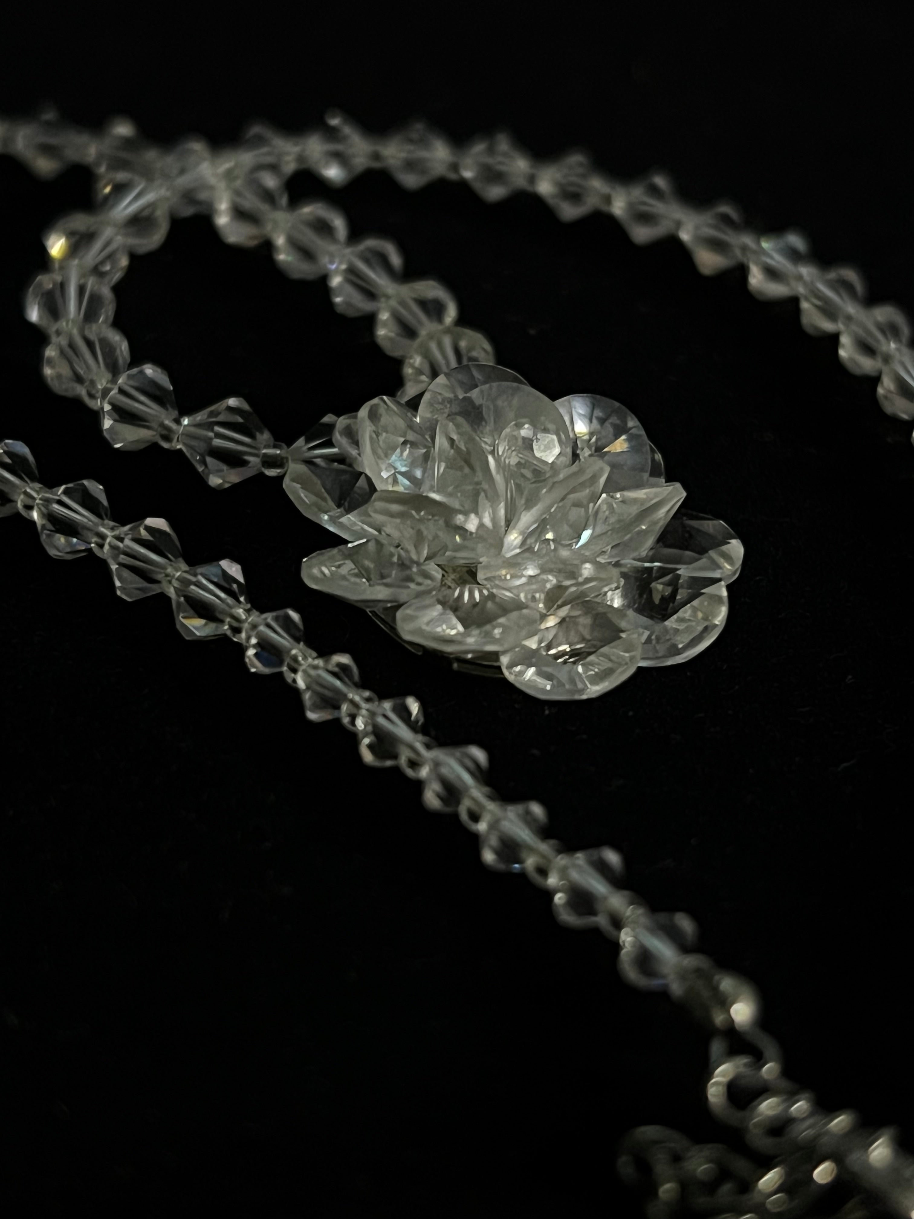 Vintage Japanese Rock Crystal Quartz Necklace — Carved Flower Pendant — Faceted Beads — Japan