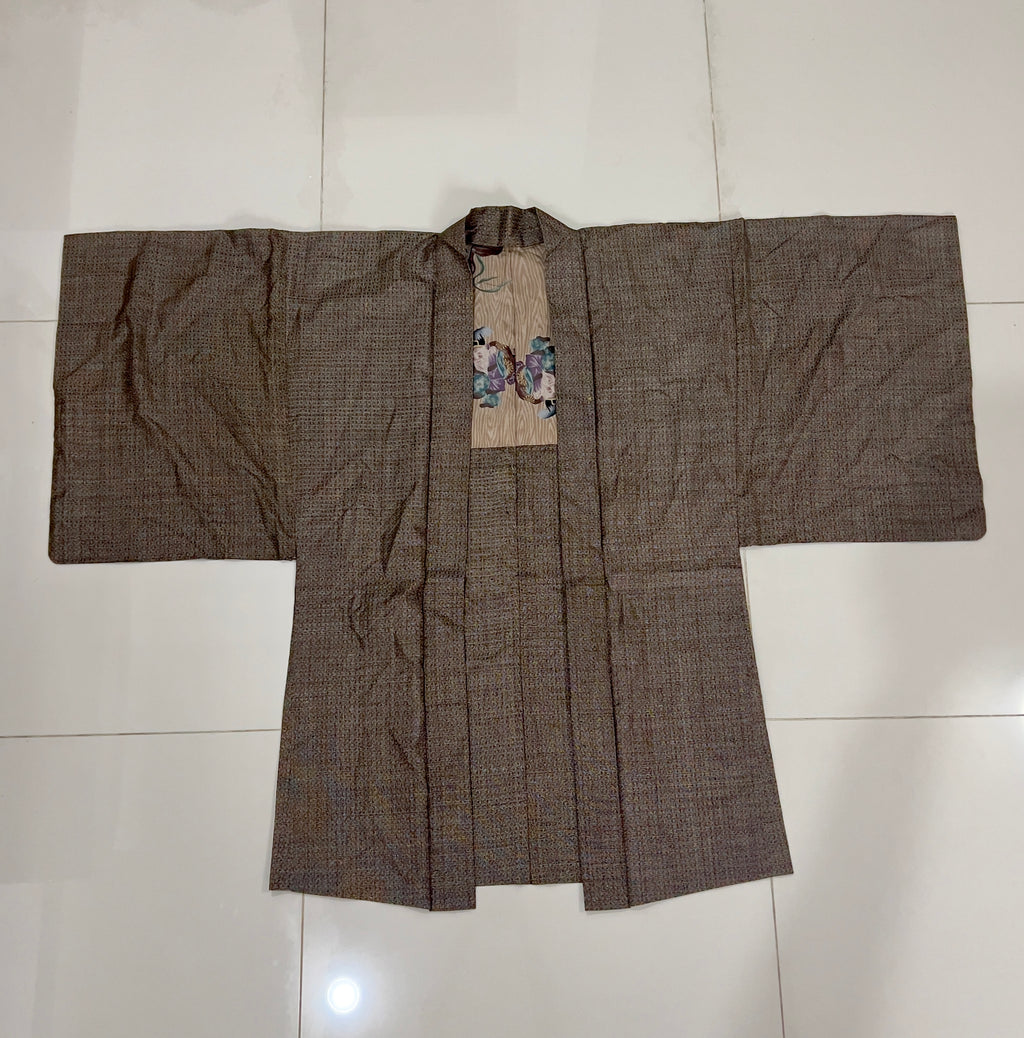 Vintage Japanese Silk Tsumugi Haori Jacket | Woven Komon Pattern | Original Haori Himo