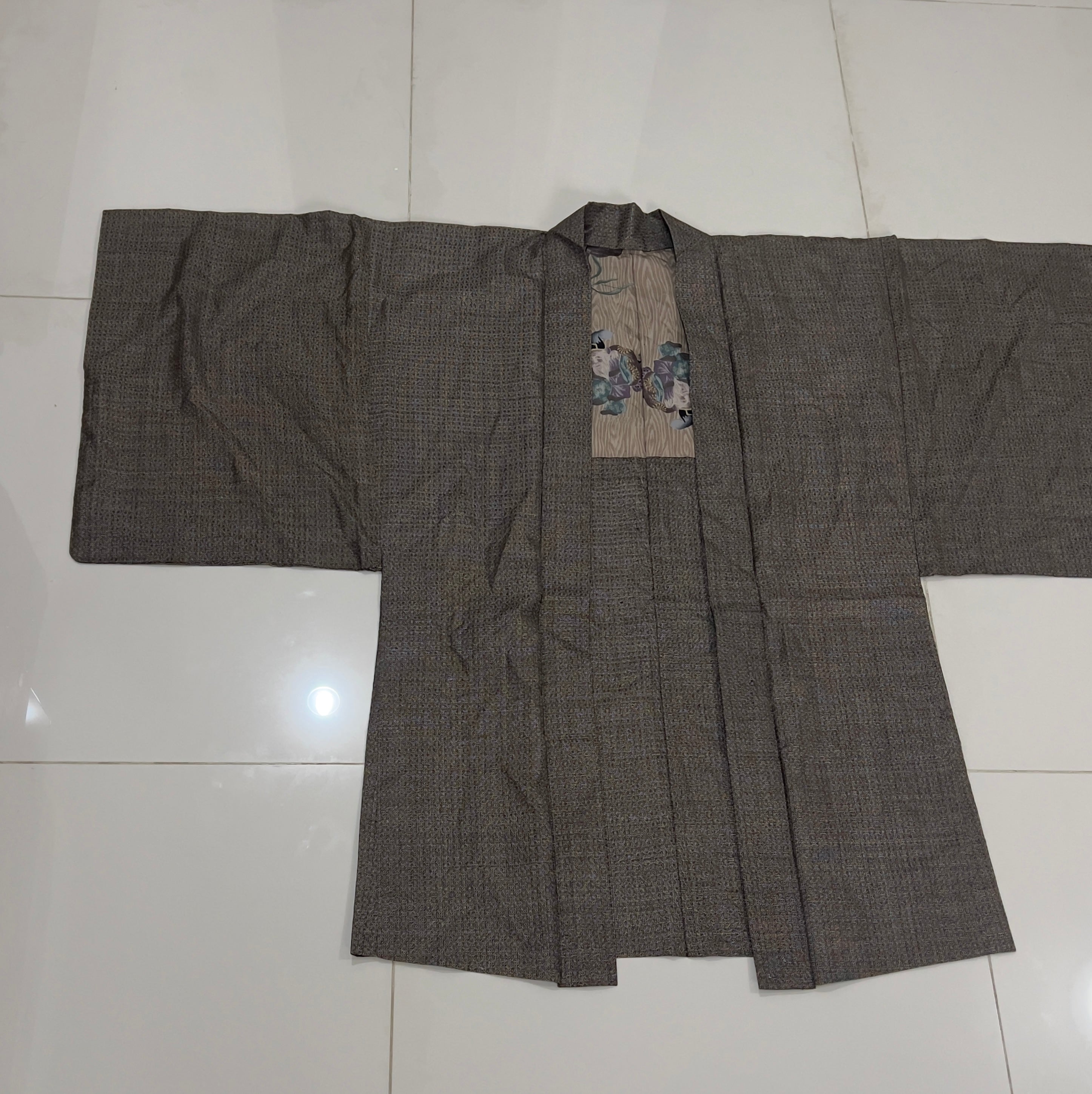 Vintage Japanese Silk Tsumugi Haori Jacket | Woven Komon Pattern | Original Haori Himo