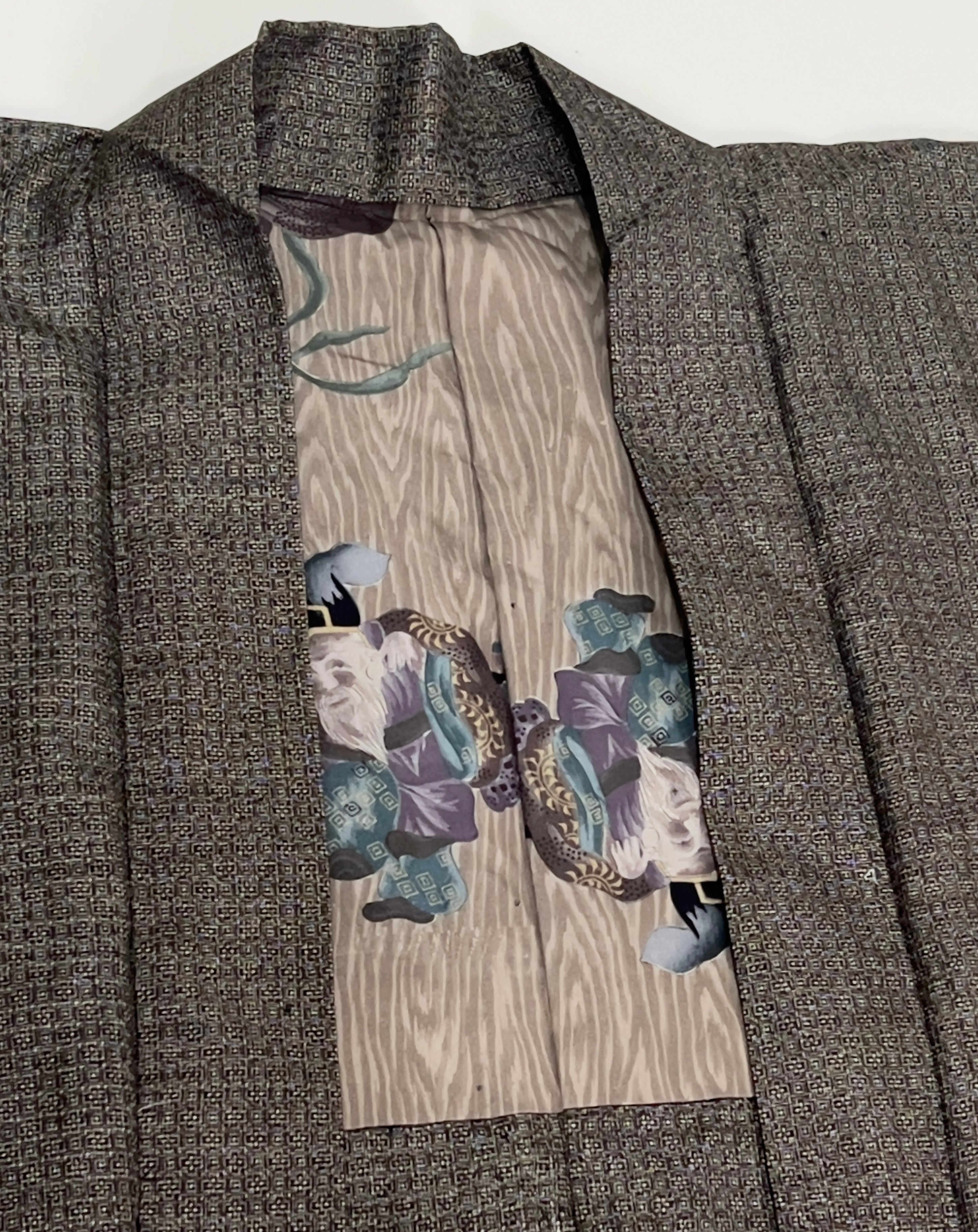 Vintage Japanese Silk Tsumugi Haori Jacket | Woven Komon Pattern | Original Haori Himo