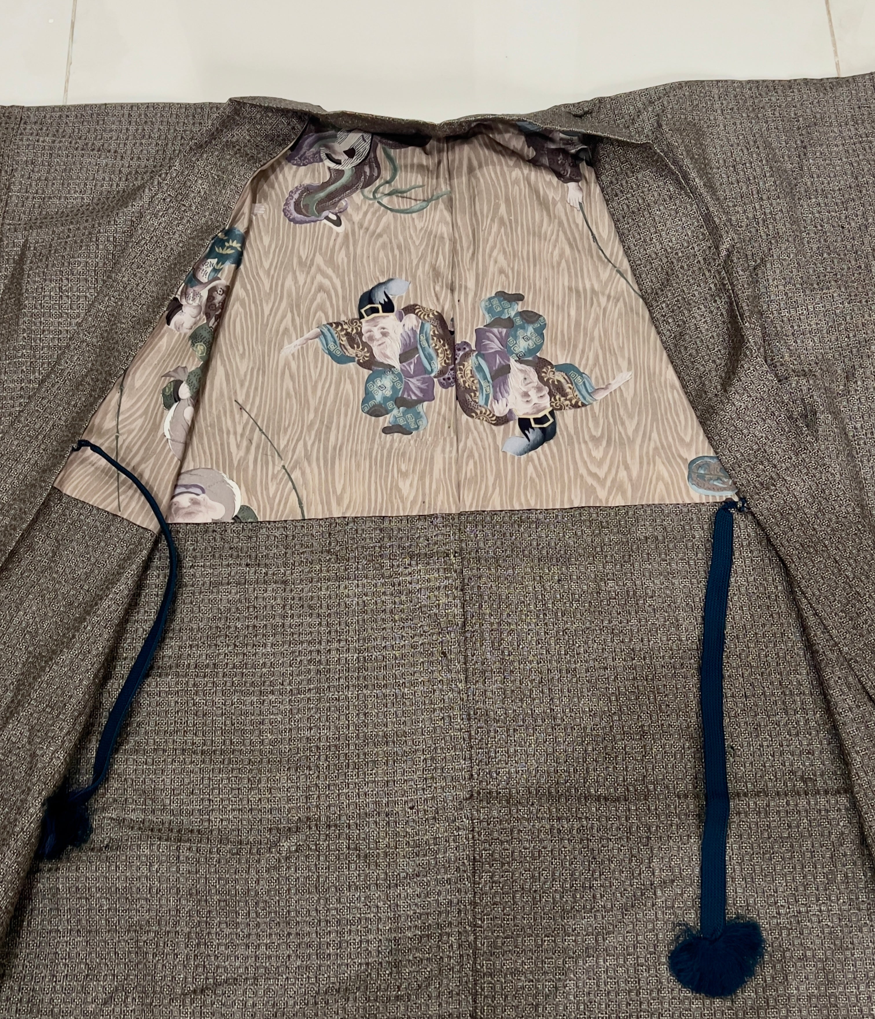 Vintage Japanese Silk Tsumugi Haori Jacket | Woven Komon Pattern | Original Haori Himo