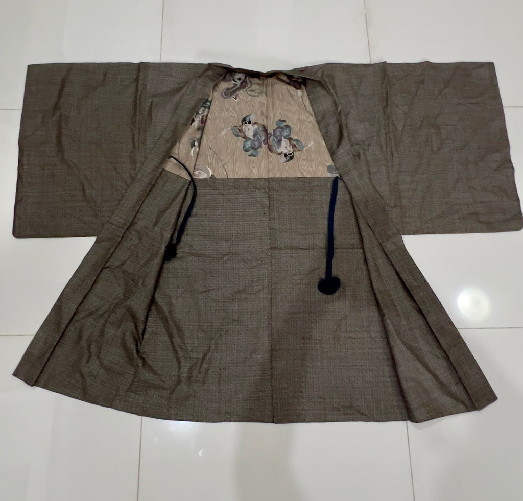 Vintage Japanese Silk Tsumugi Haori Jacket | Woven Komon Pattern | Original Haori Himo