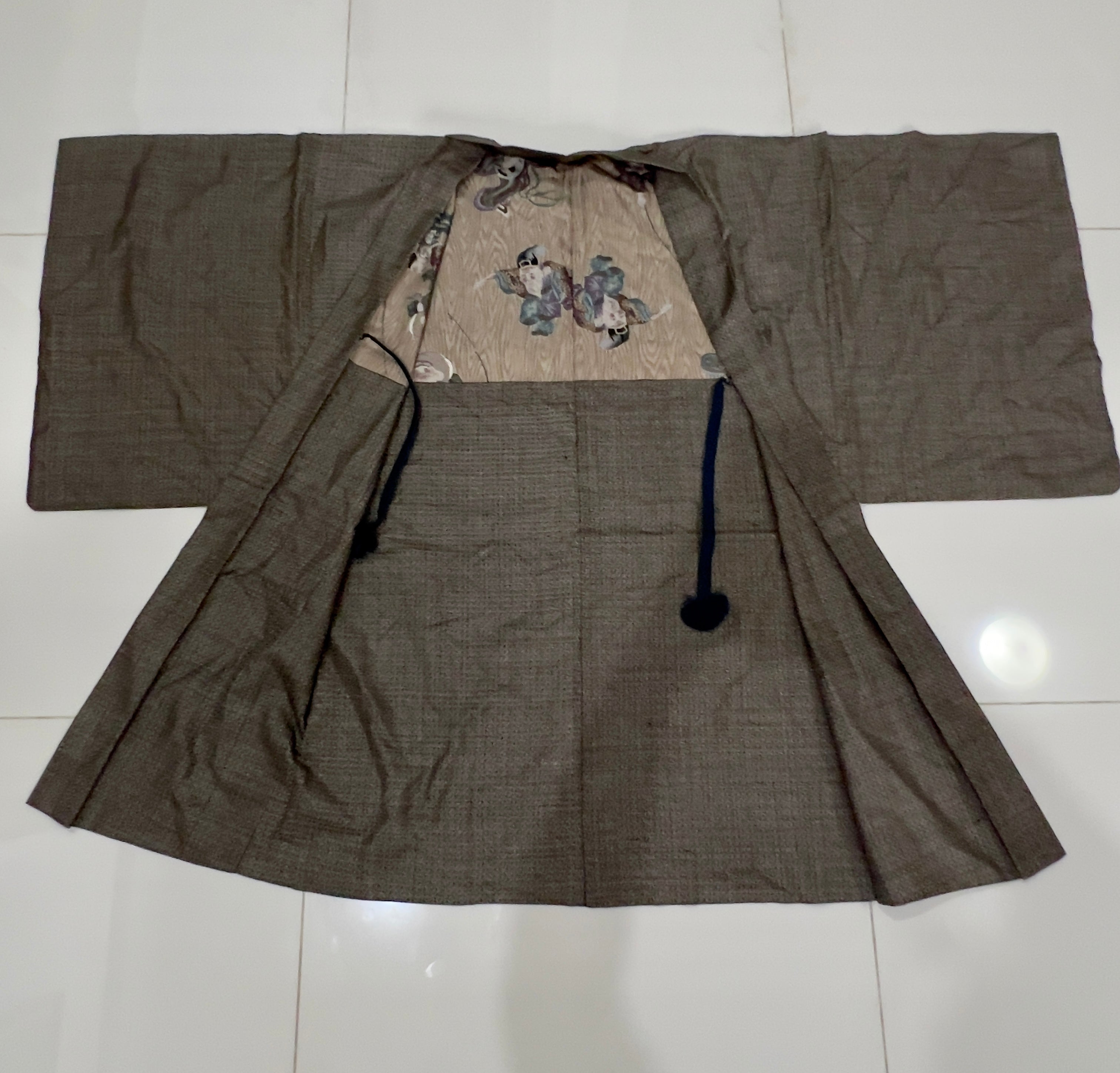 Vintage Japanese Silk Tsumugi Haori Jacket | Woven Komon Pattern | Original Haori Himo