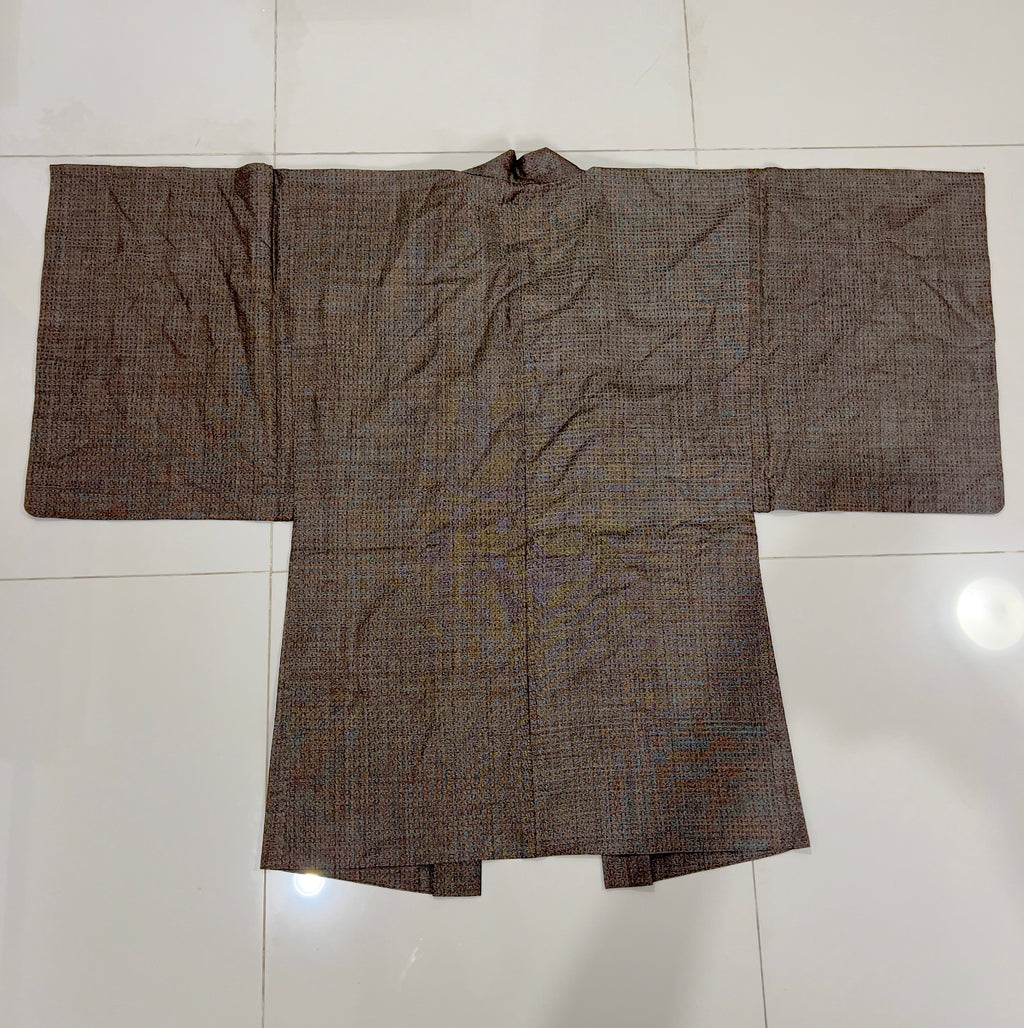 Vintage Japanese Silk Tsumugi Haori Jacket | Woven Komon Pattern | Original Haori Himo