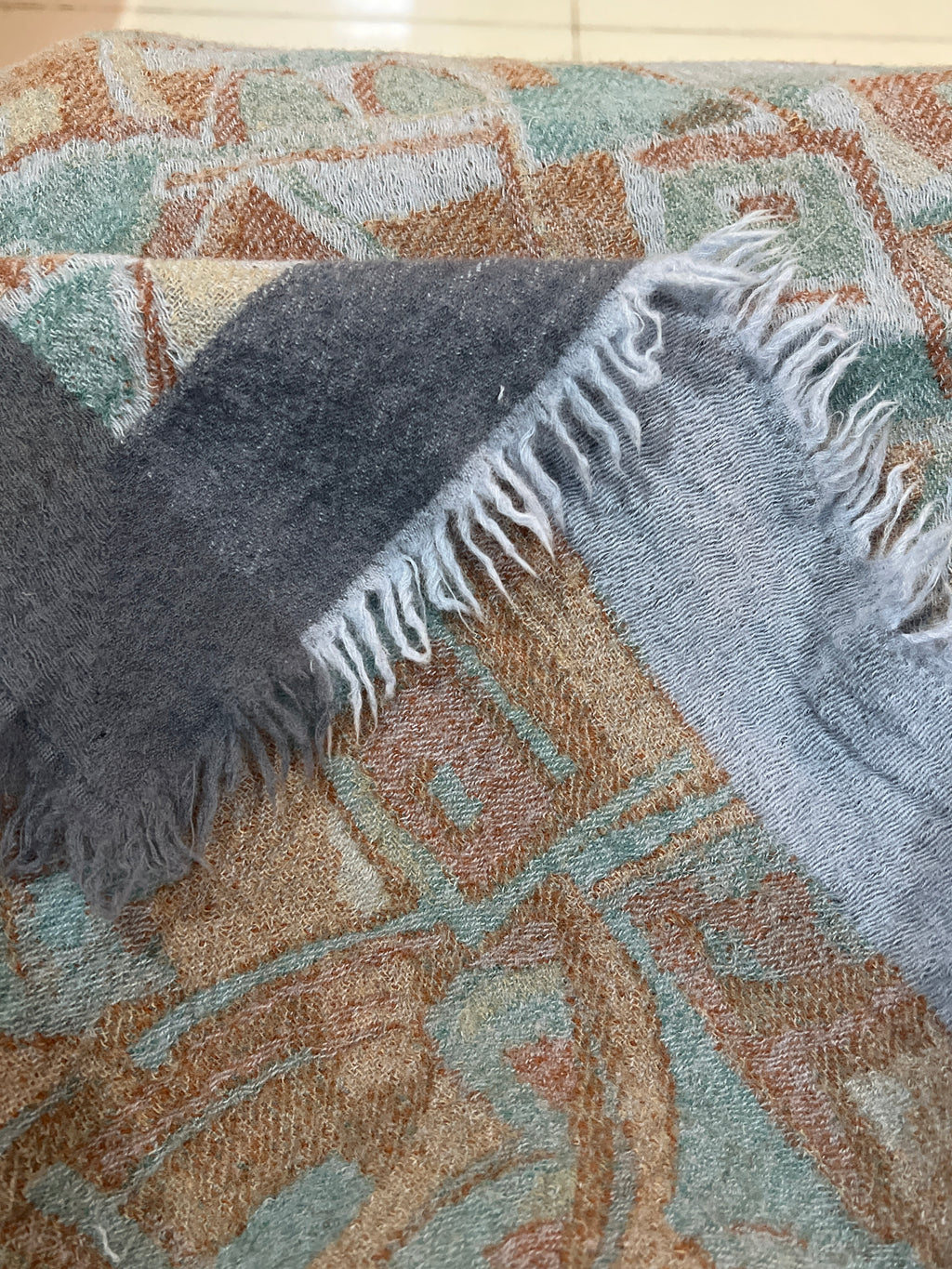 Cashmere Vintage Abstract Geometric Fringe Scarf | Soft Wool Blend Style Wrap