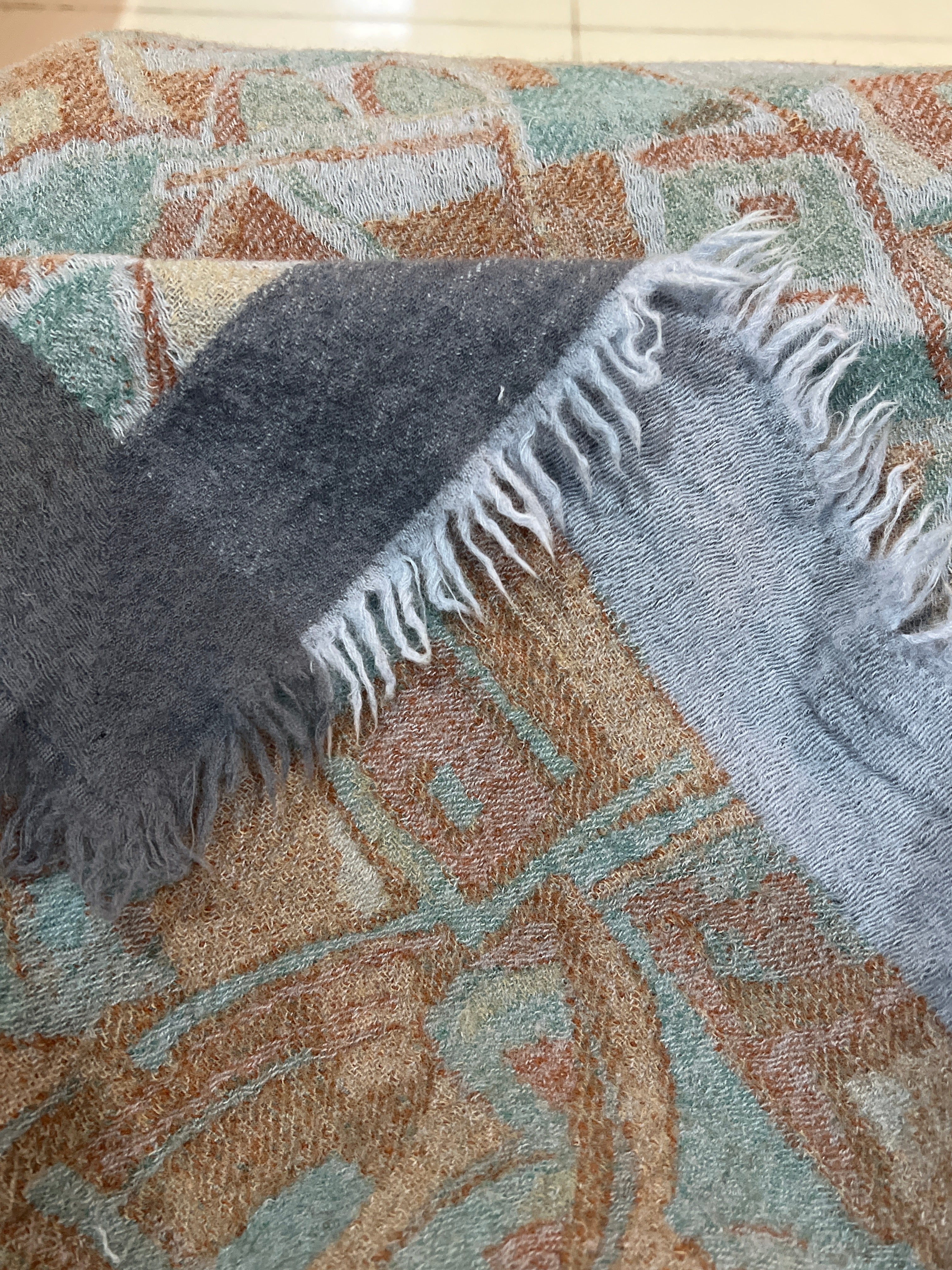 Cashmere Vintage Abstract Geometric Fringe Scarf | Soft Wool Blend Style Wrap
