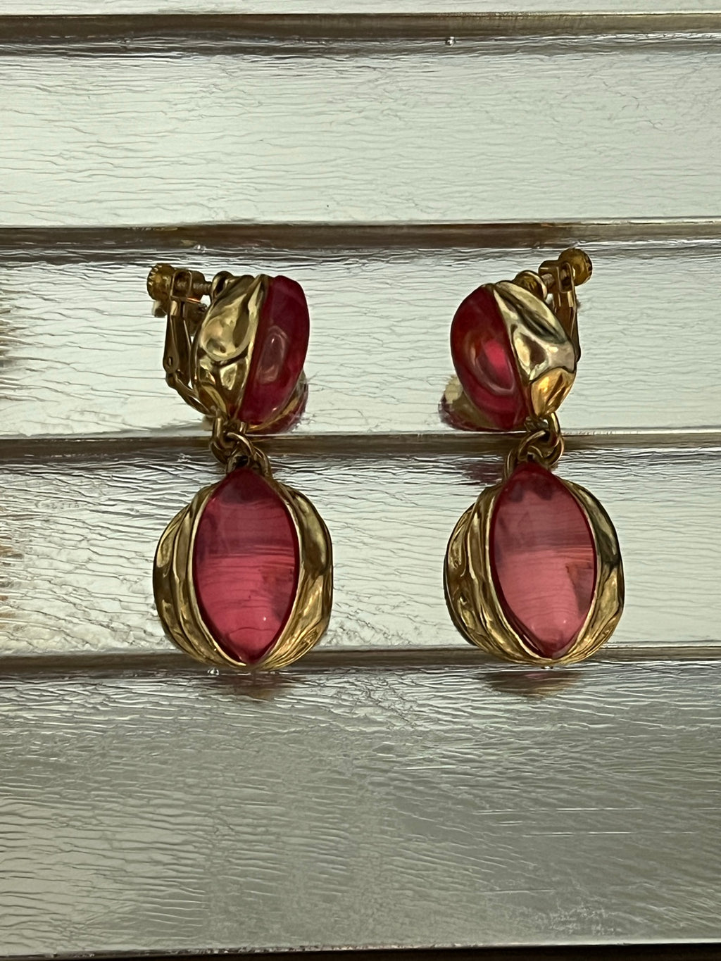 Vintage Napier Milano red cabochon clip-on earrings — pair detail