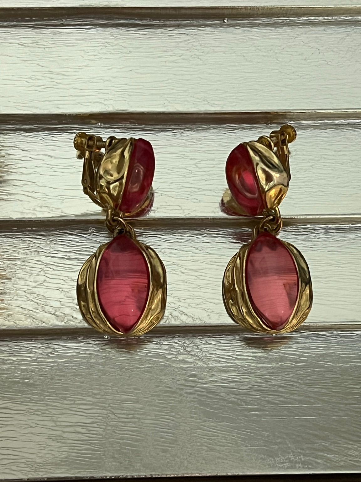 Vintage Napier Milano red cabochon clip-on earrings — pair detail