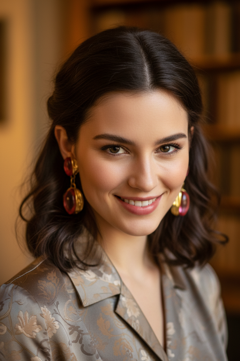 Unsigned Vintage Japanese-Style Statement Clip-On Earrings with Red-Pink Cabochons