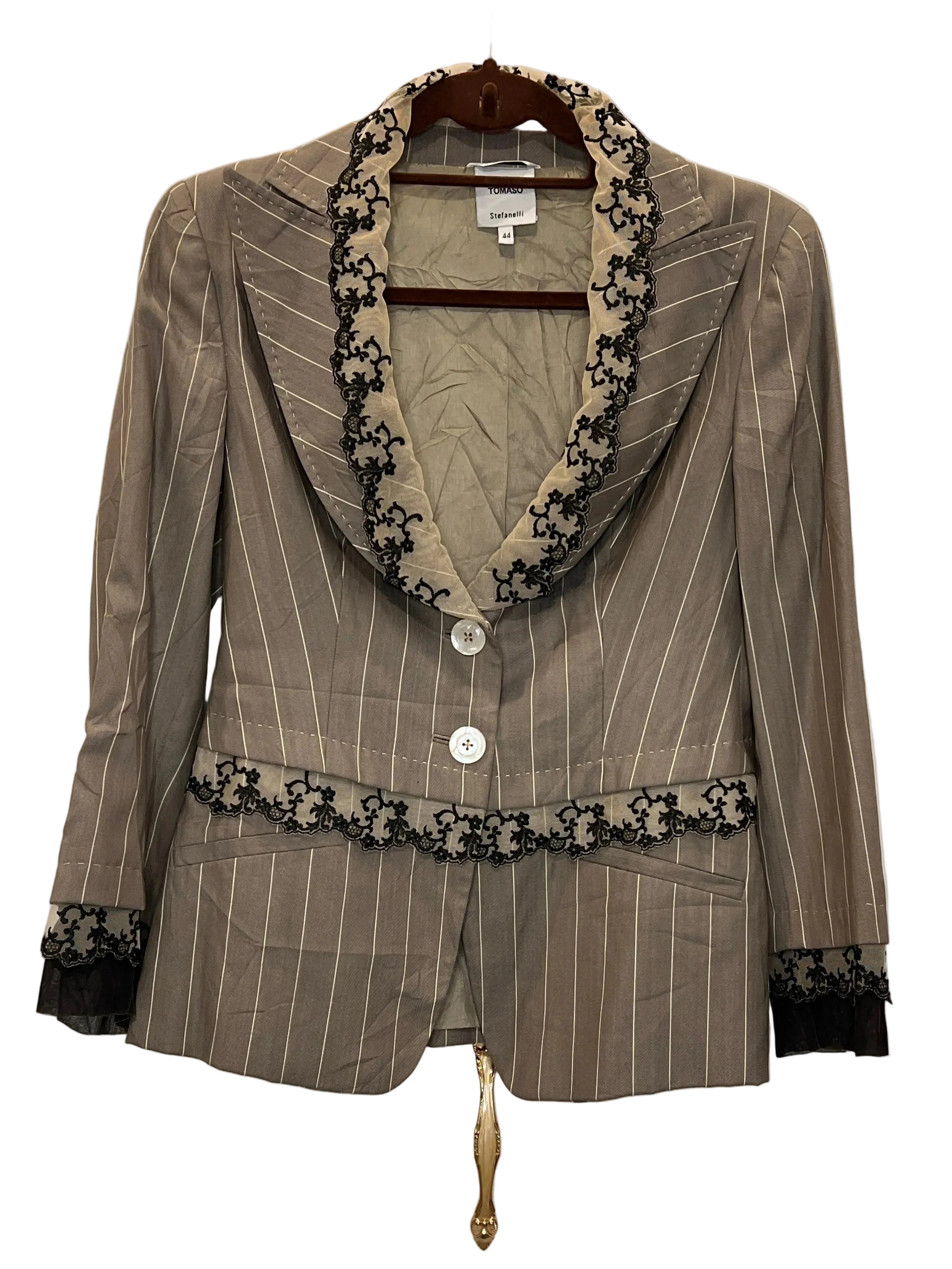 Tomaso Stefanelli Italian Designer Blazer | Size IT 44 / US 10 | Elegant Pinstripe Jacket with Lace Details