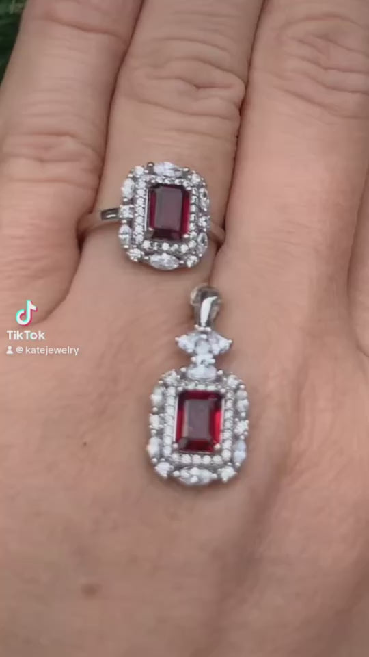 Garnet & CZ Sterling Silver Jewelry Set