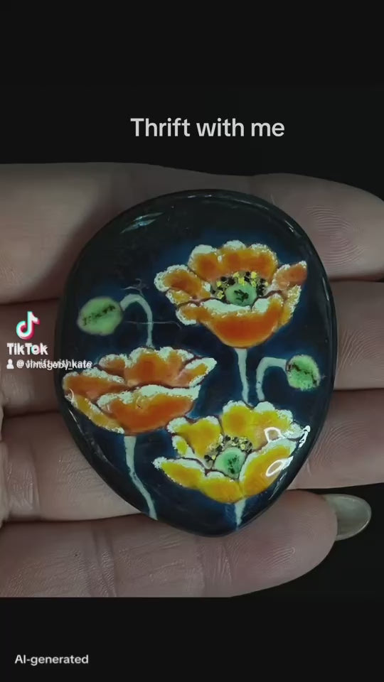 Vintage Japanese Cloisonné Brooch — Poppies on Midnight sky
